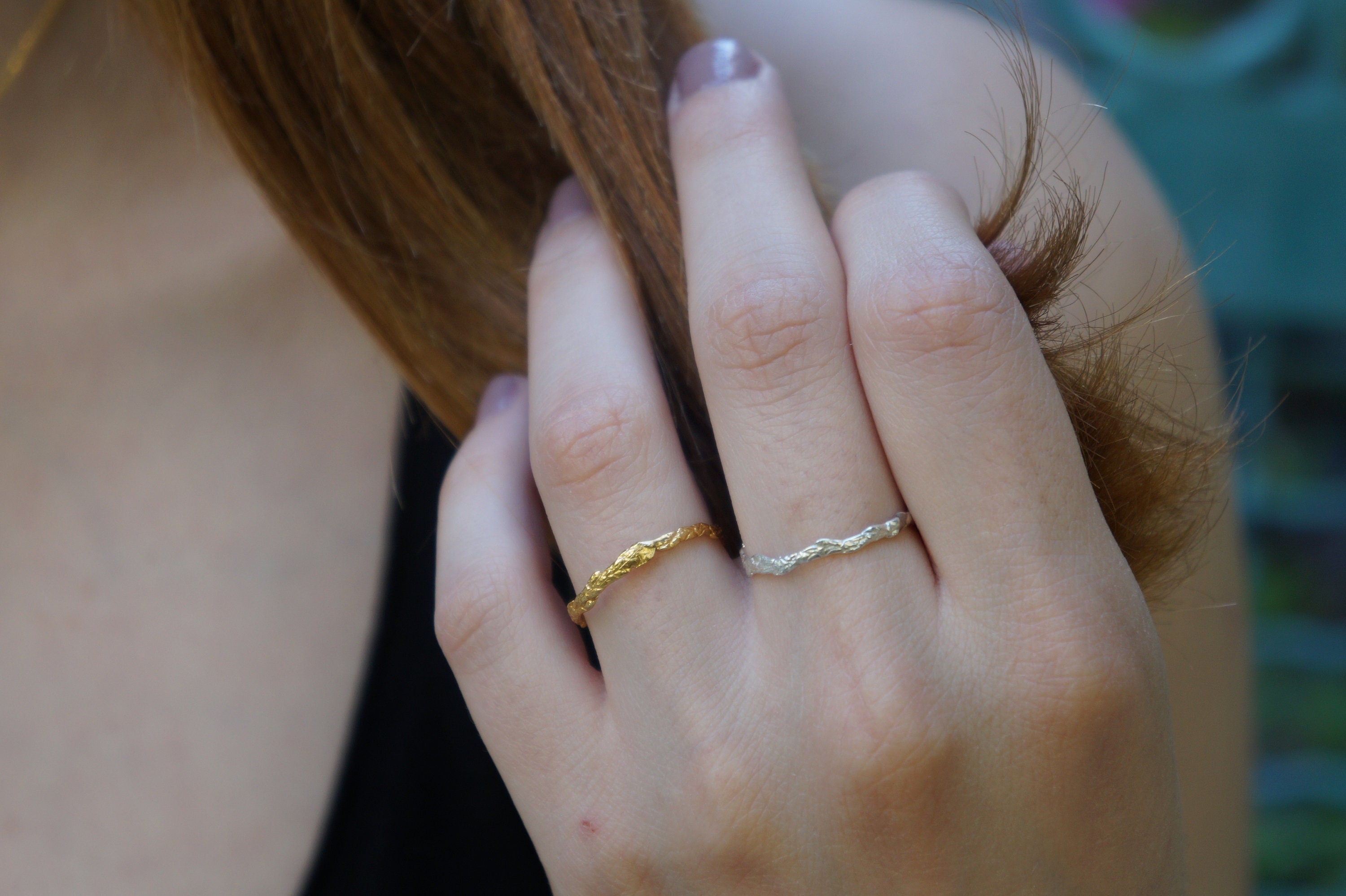 Thin Gold Twig Ring – Dainty Handmade Gold Band with Organic Design