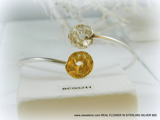 Delicate Sterling Silver Tree Leaf Bangle Branch Leaves Adjustable disc leaves silver and 14K Gold plated