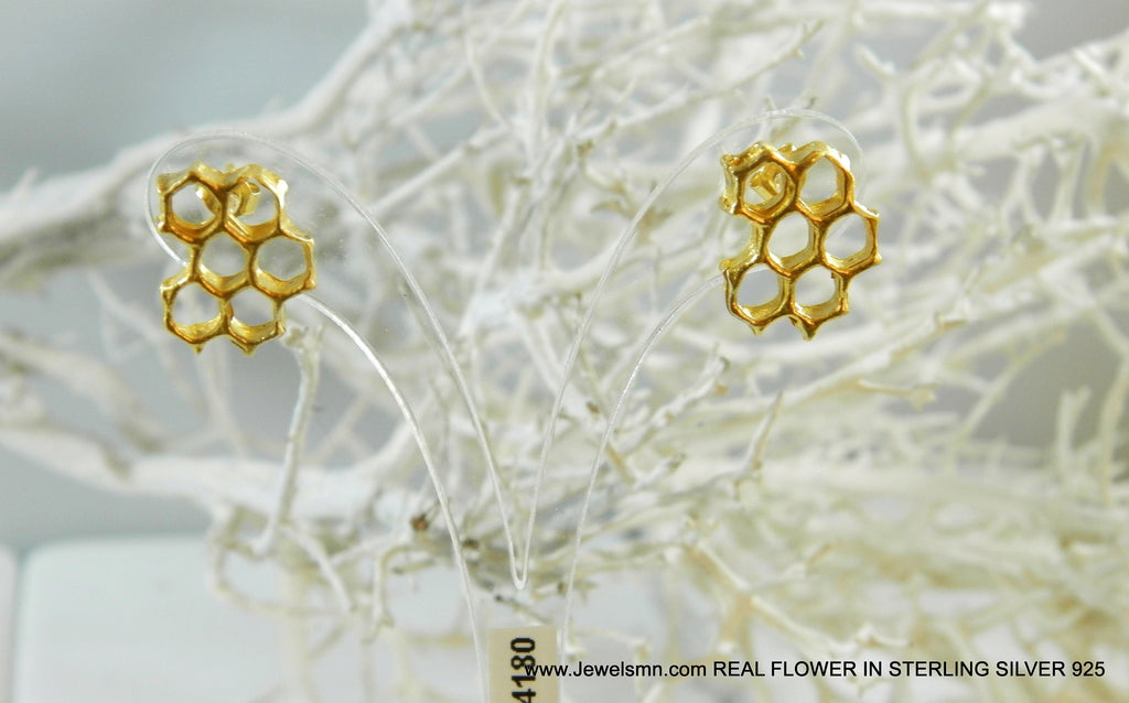 Honeycomb Bee Earrings, Gold Plated Sterling Silver (Lightweight Studs)