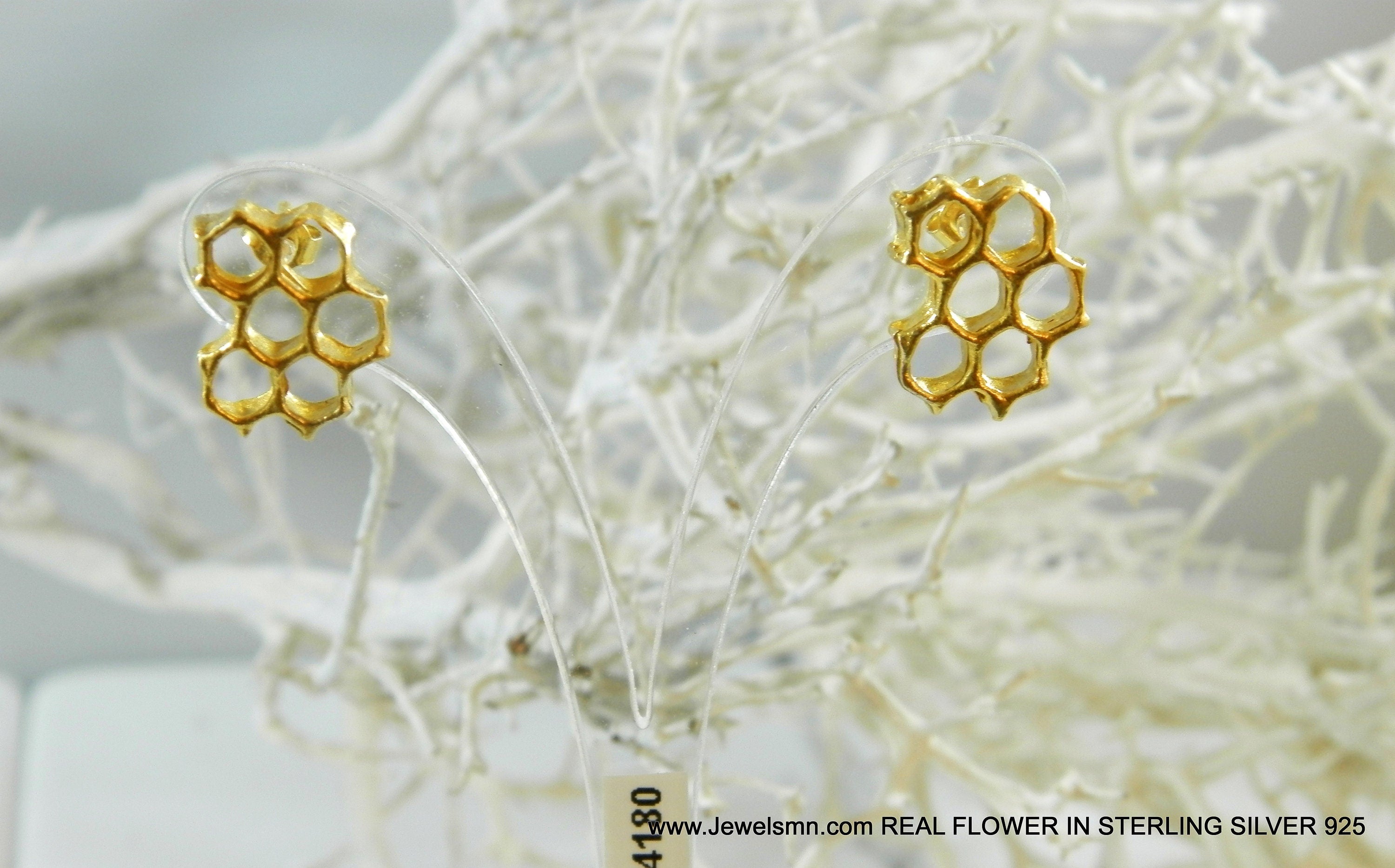 Honeycomb Bee Earrings, Gold Plated Sterling Silver (Lightweight Studs)
