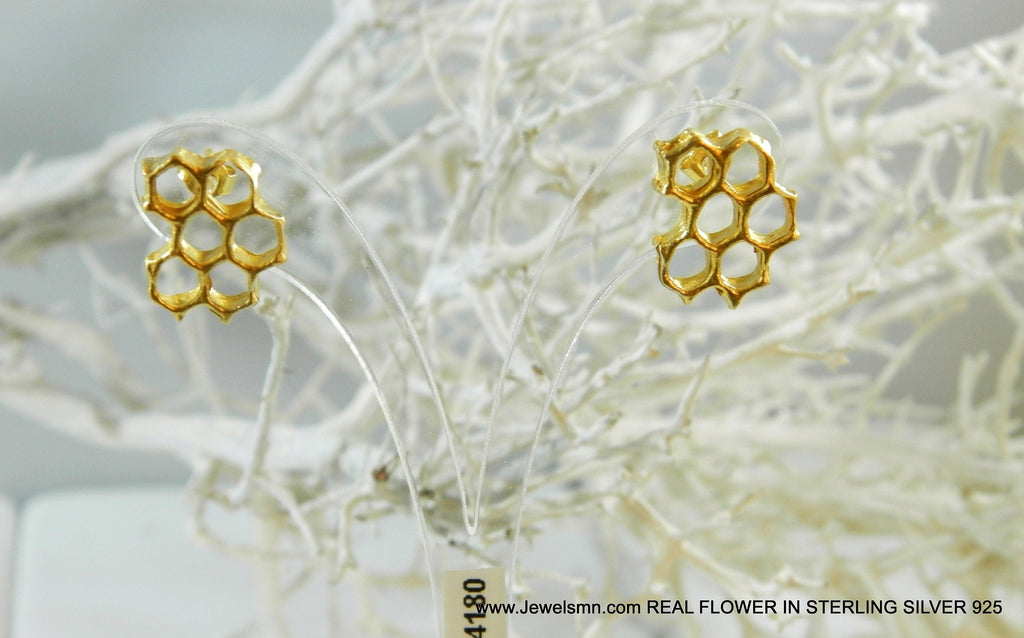 Honeycomb Bee Earrings, Gold Plated Sterling Silver (Lightweight Studs)