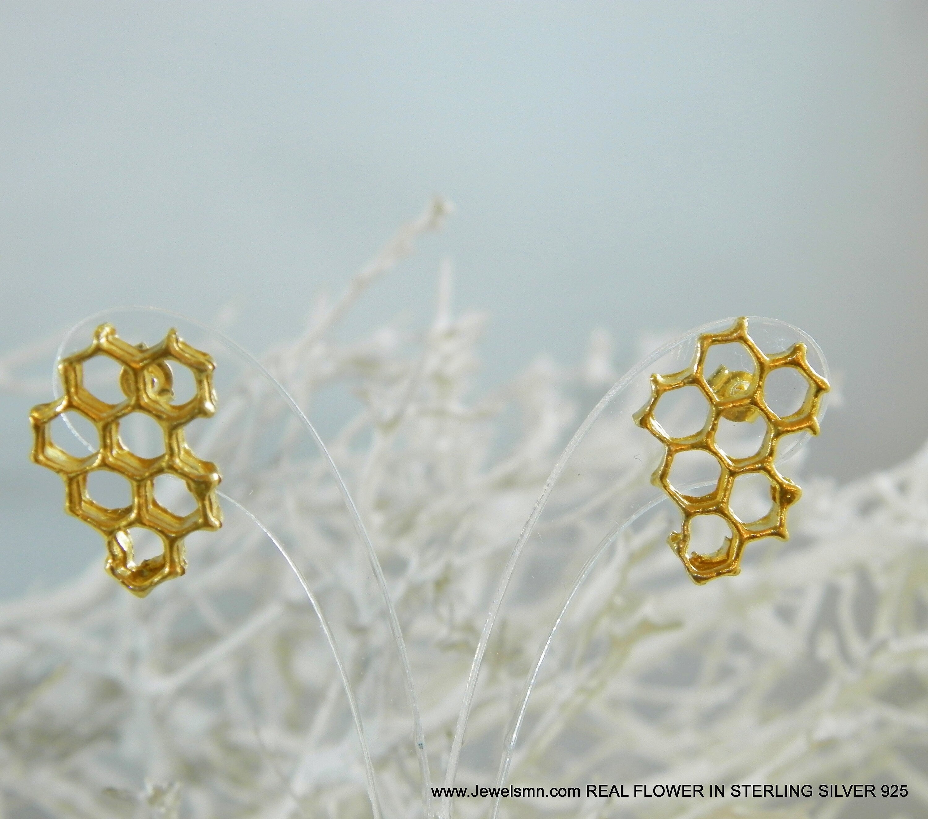 Honeycomb Bee Earrings, Gold Plated Sterling Silver (Lightweight Studs)