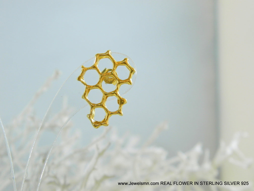 Honeycomb Bee Earrings, Gold Plated Sterling Silver (Lightweight Studs)