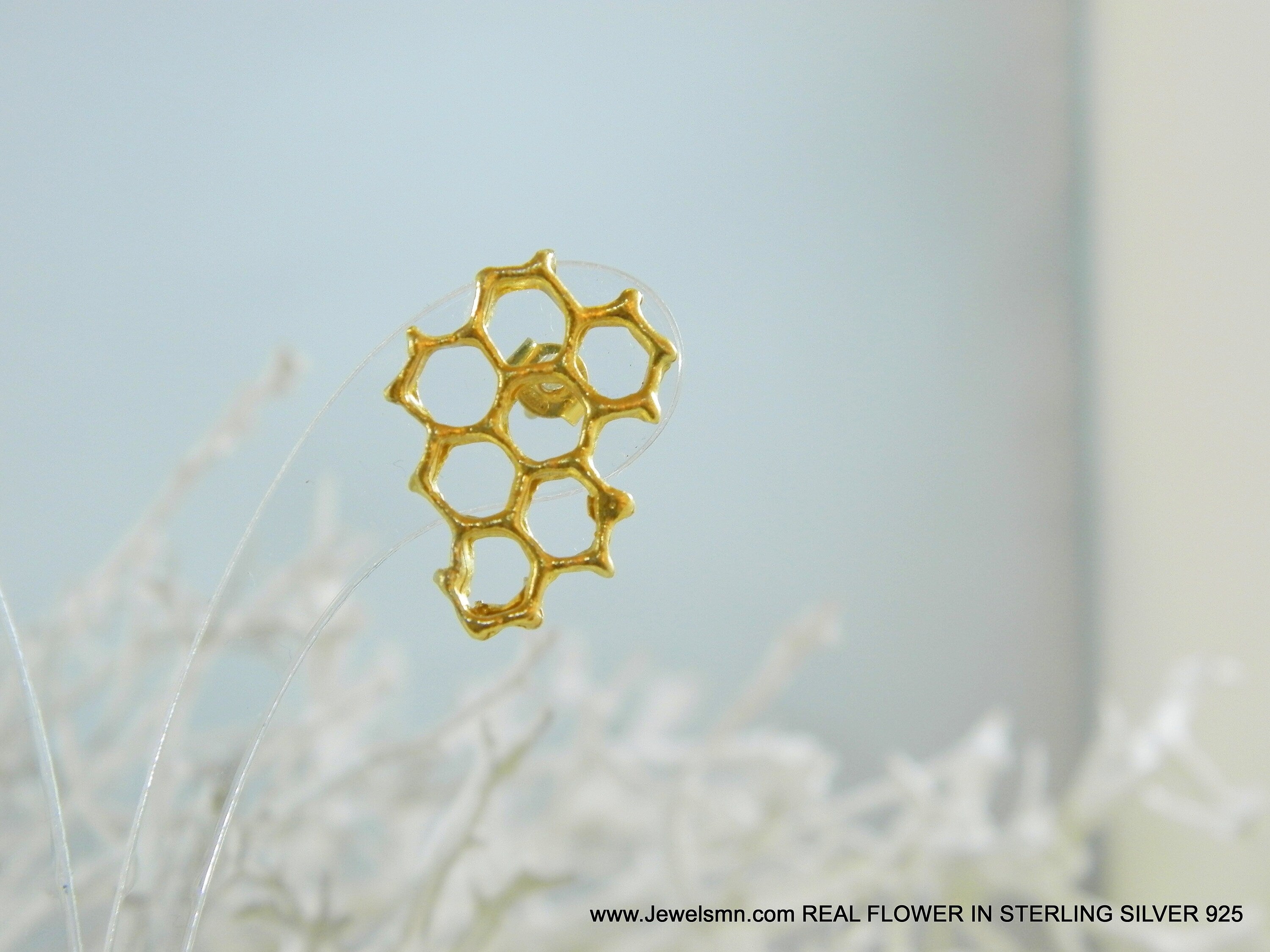 Honeycomb Bee Earrings, Gold Plated Sterling Silver (Lightweight Studs)