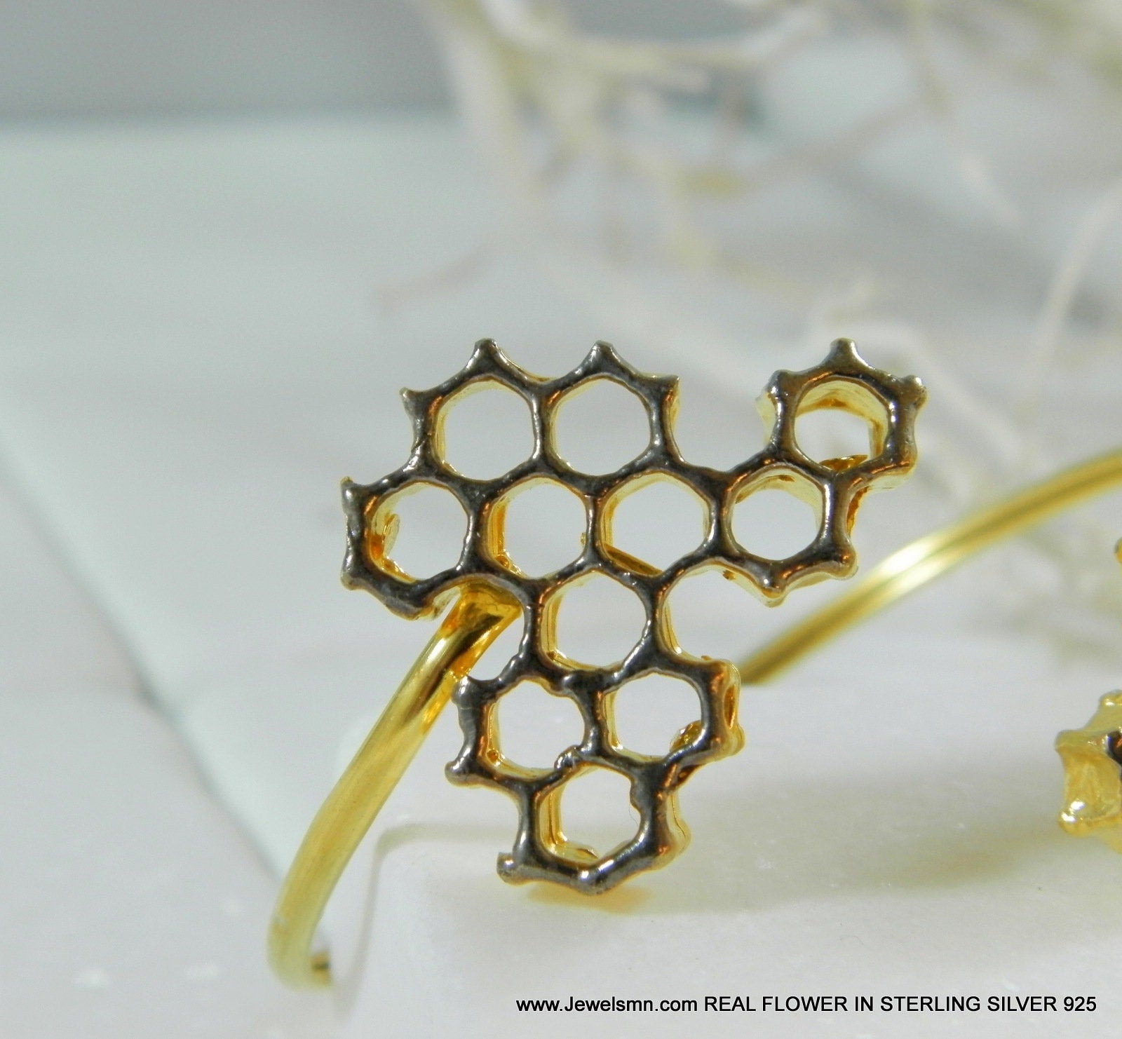 Honeycomb Bee Bracelet: Two-Tone Gold and Black Wide Cuff
