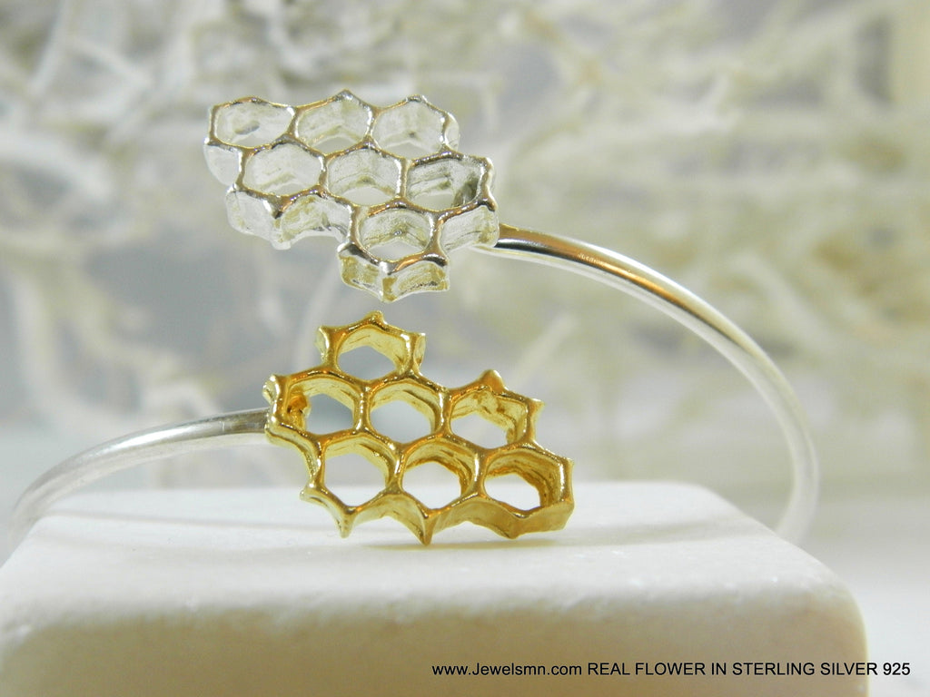 Honeycomb Cuff Bracelet: Electroformed Bee Design - Sterling Silver