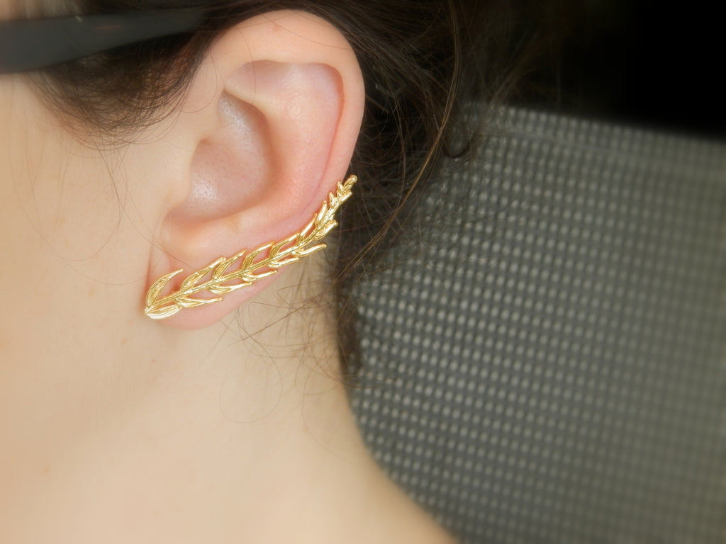 Silver Ear Climber | Mismatched Leaf Design Earrings in Recycled Sterling Silver