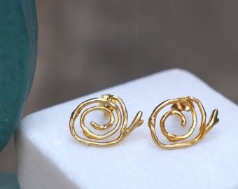 Jasmine Twig Earrings – 18k Gold Plated Silver Spiral Stud | Unique Nature Jewelry