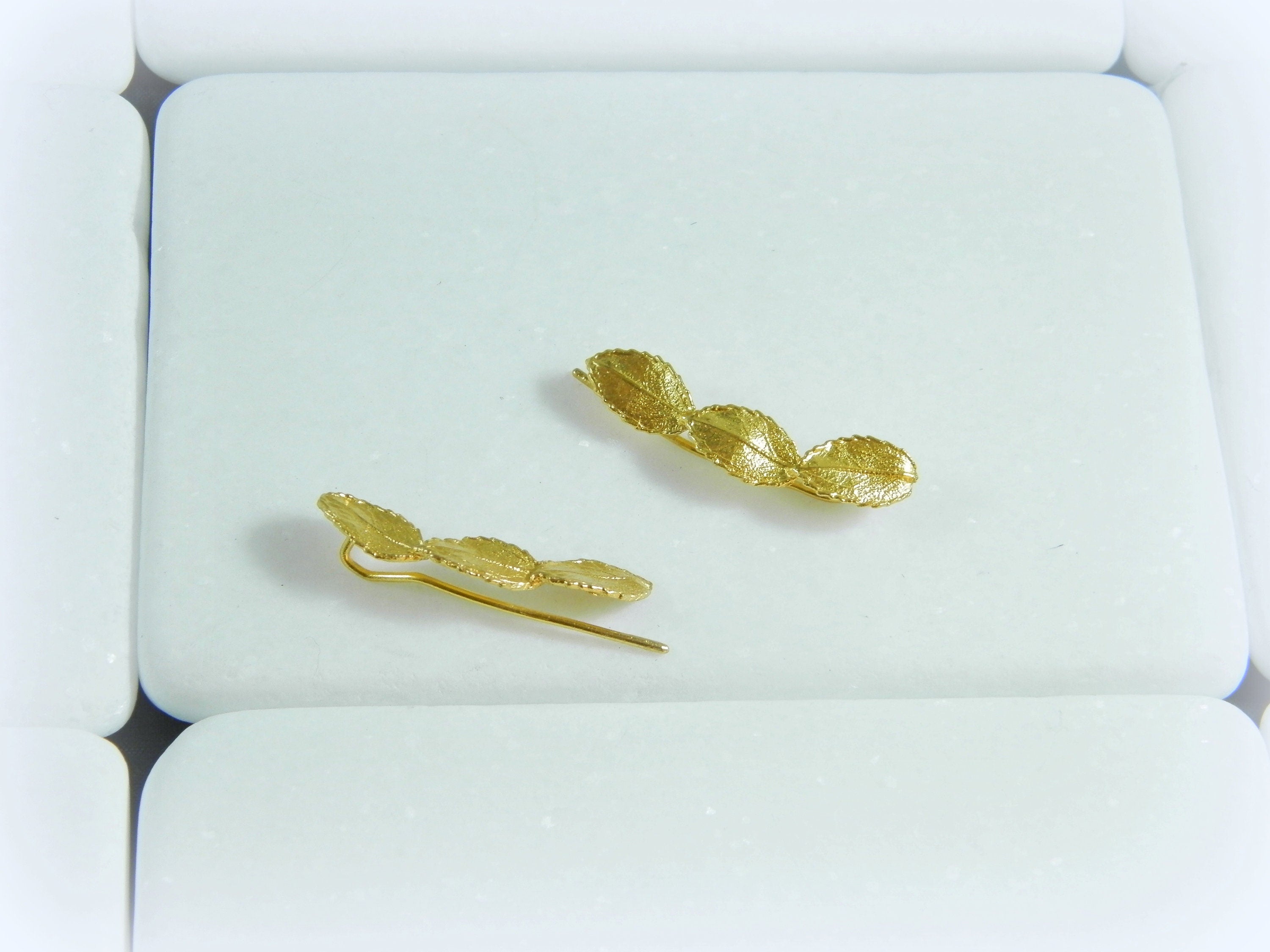 Rose Leaf Earrings: Sterling Silver Ear Climbers (Mismatched Pair)