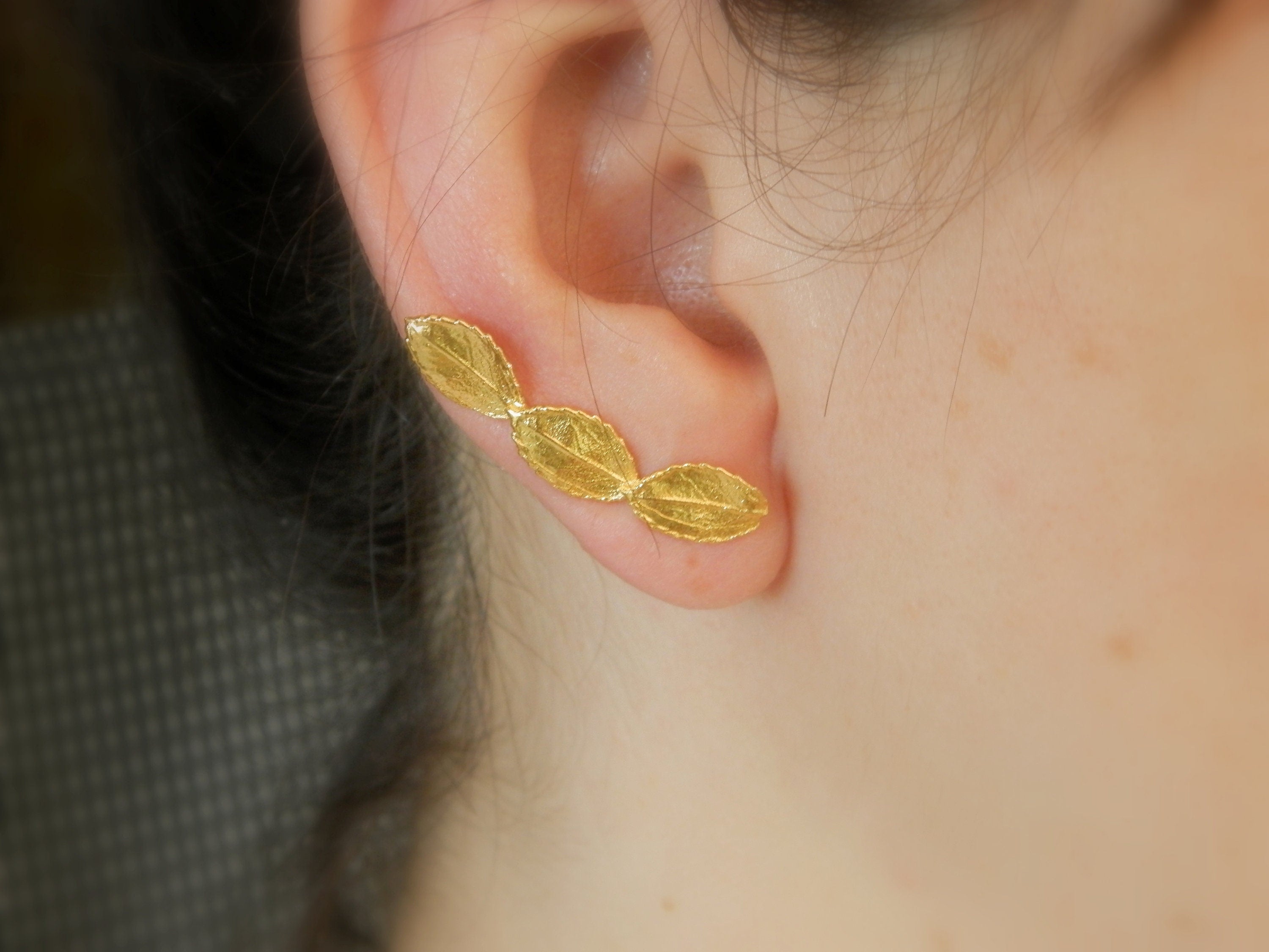 Rose Leaf Earrings: Sterling Silver Ear Climbers (Mismatched Pair)