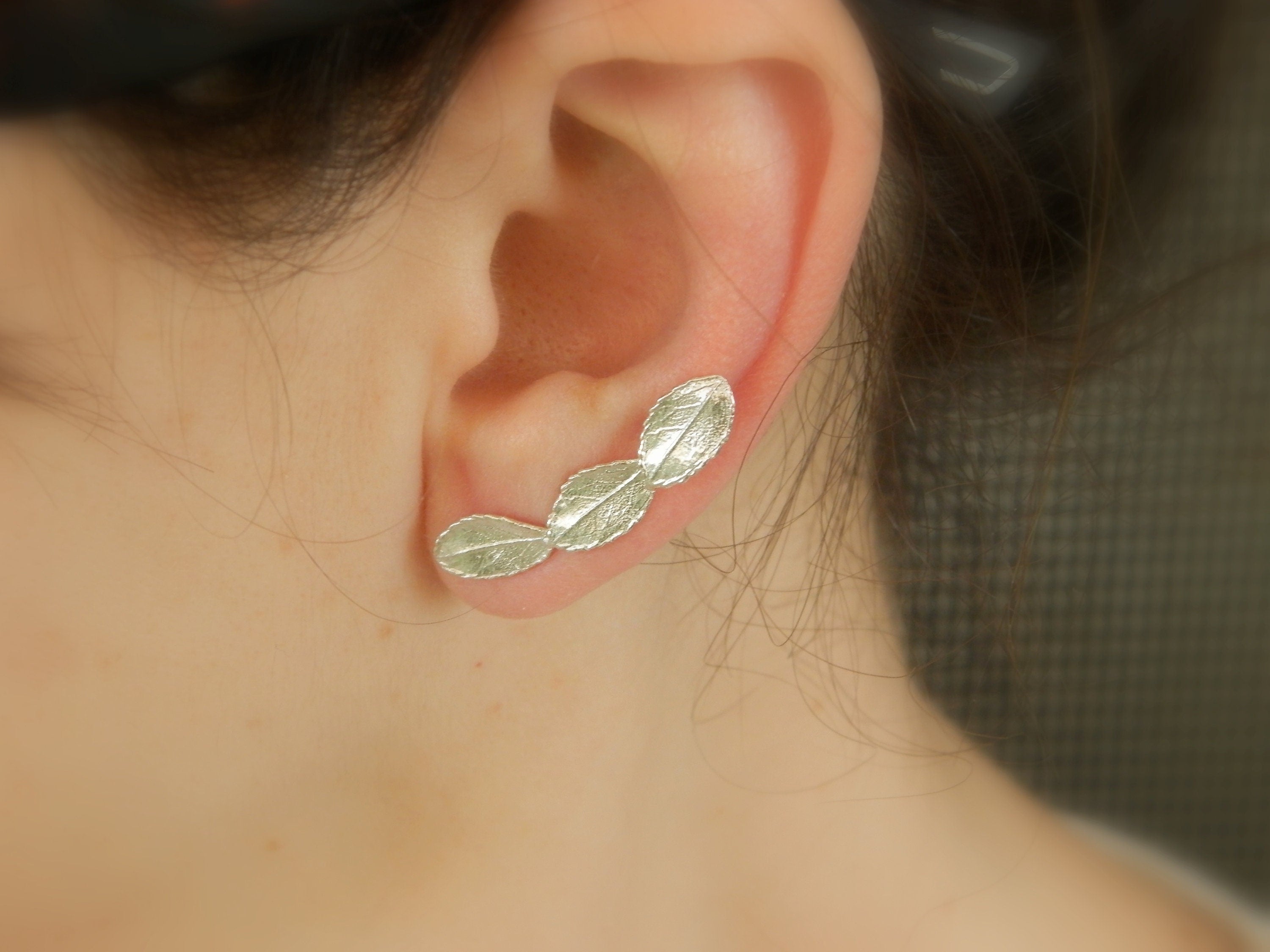 Rose Leaf Earrings: Sterling Silver Ear Climbers (Mismatched Pair)