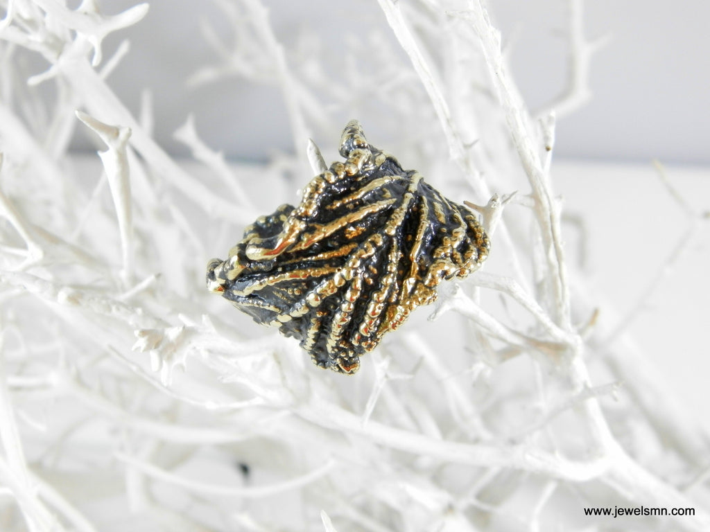 Nature Inspired Leaf Ring, Wide Brass Band (Adjustable, Unisex)