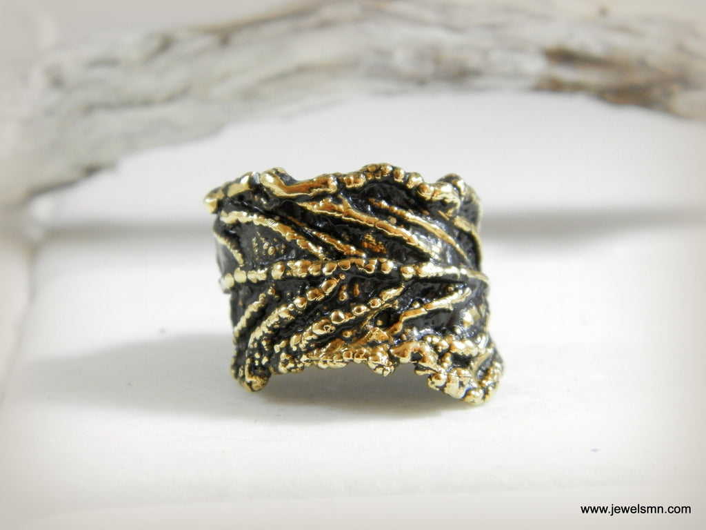 Nature Inspired Leaf Ring, Wide Brass Band (Adjustable, Unisex)