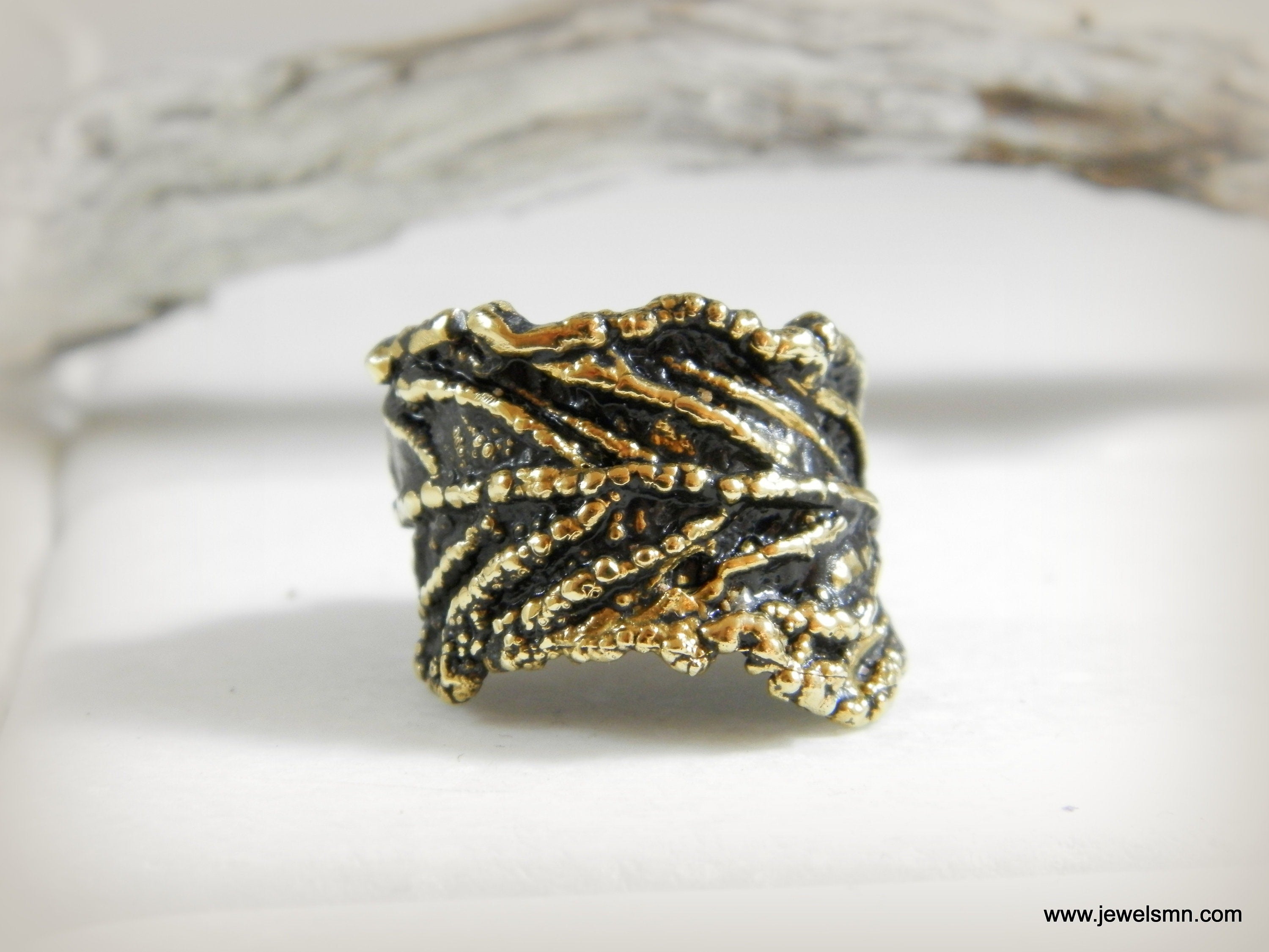 Nature Inspired Leaf Ring, Wide Brass Band (Adjustable, Unisex)