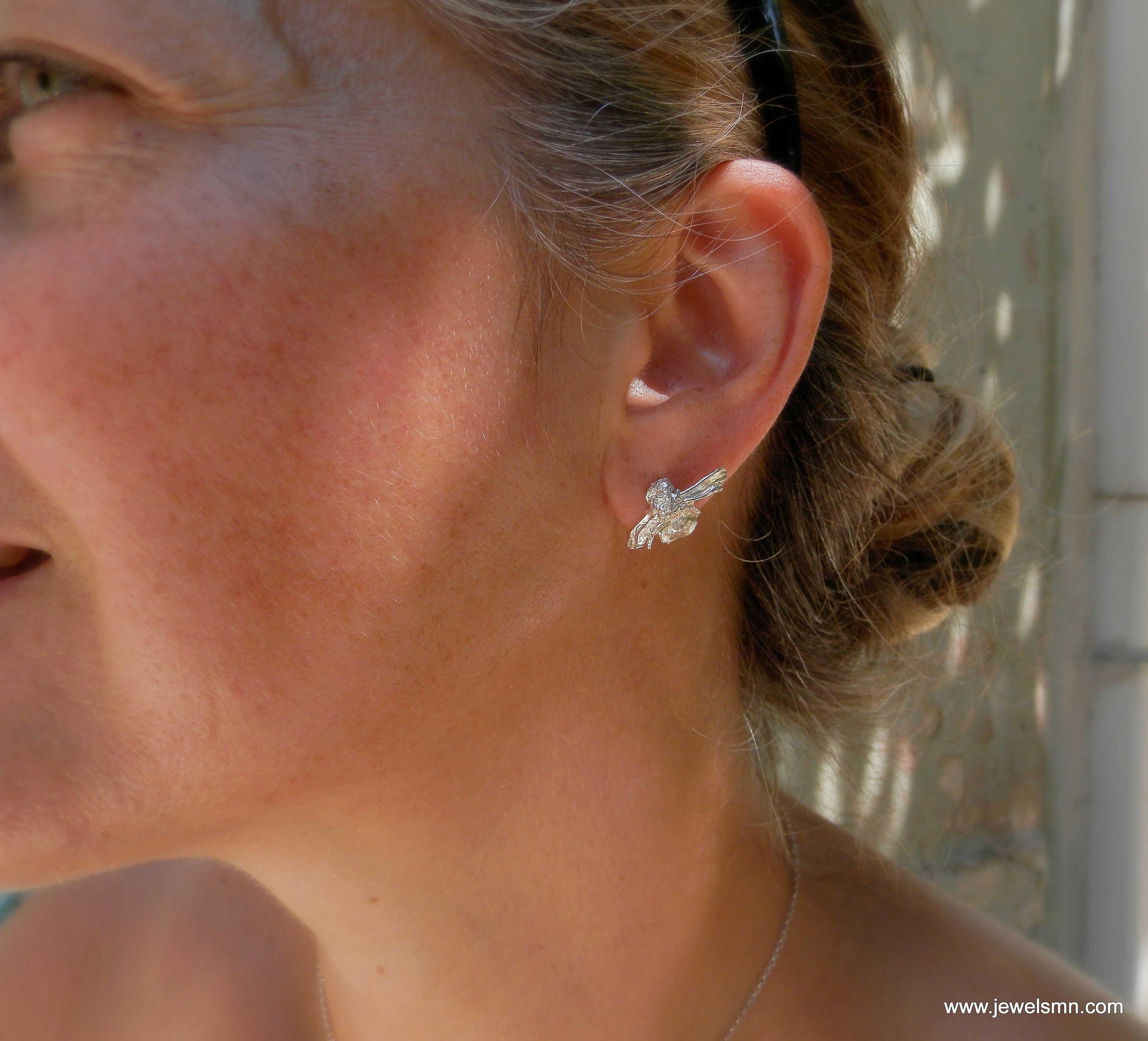 Bee Stud Earrings, Sterling Silver 925, Gold Plated (Handmade)