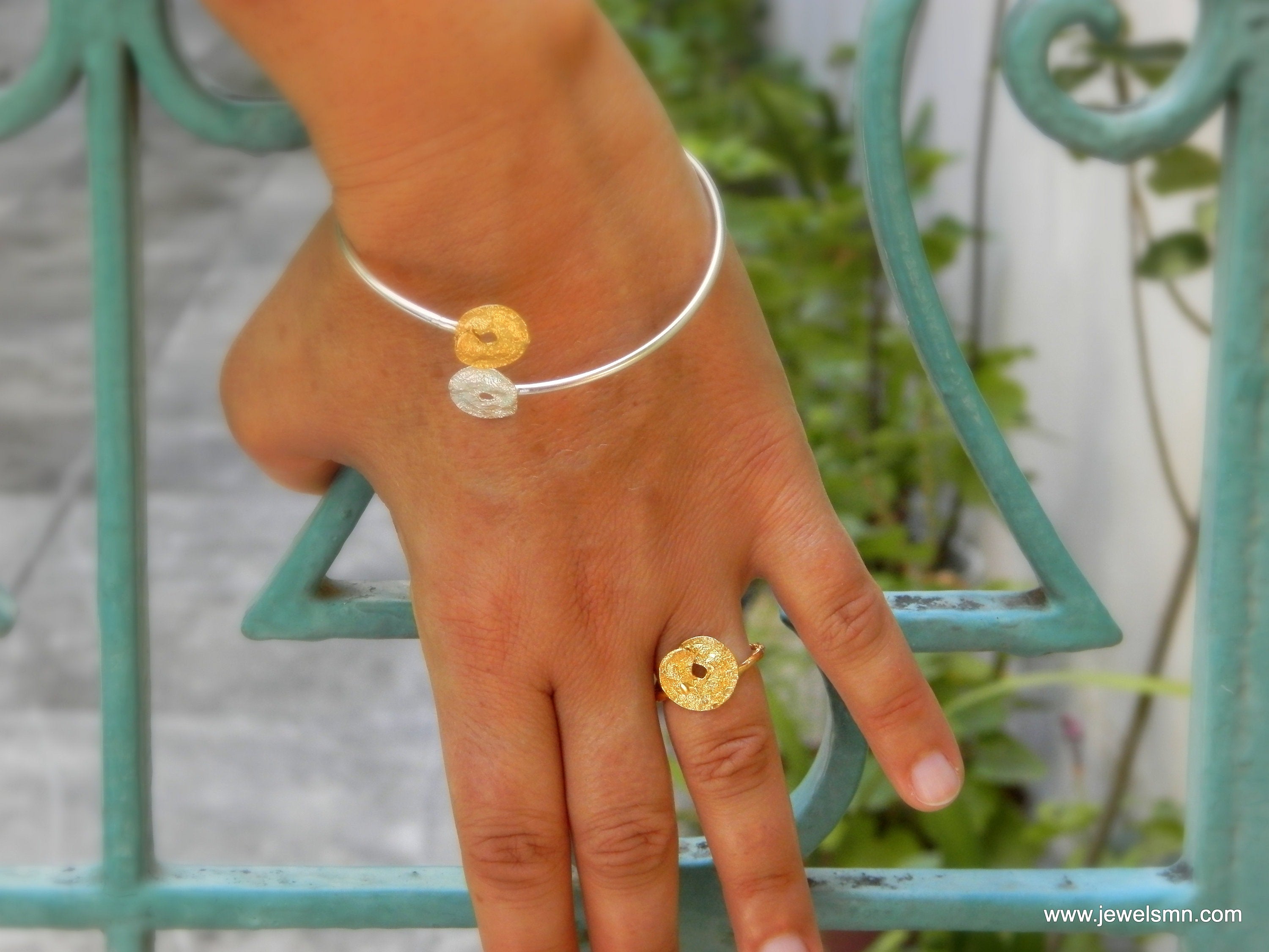 Twig Leaf Ring, Adjustable Sterling Silver with Gold Plating, Nature-Inspired Jewelry Gift