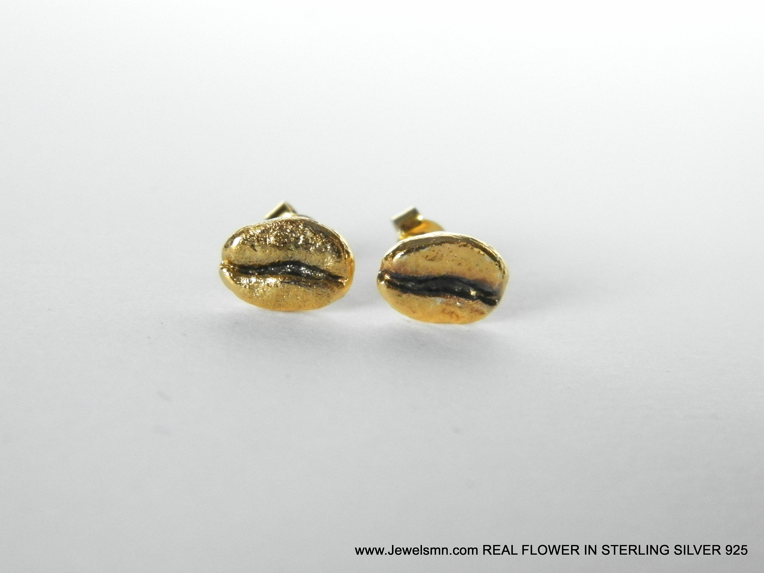Gold-Plated Coffee Earrings, Gold-Plated Jewelry, Brass Studs, Coffee Bean Charm, Unique Gift Idea