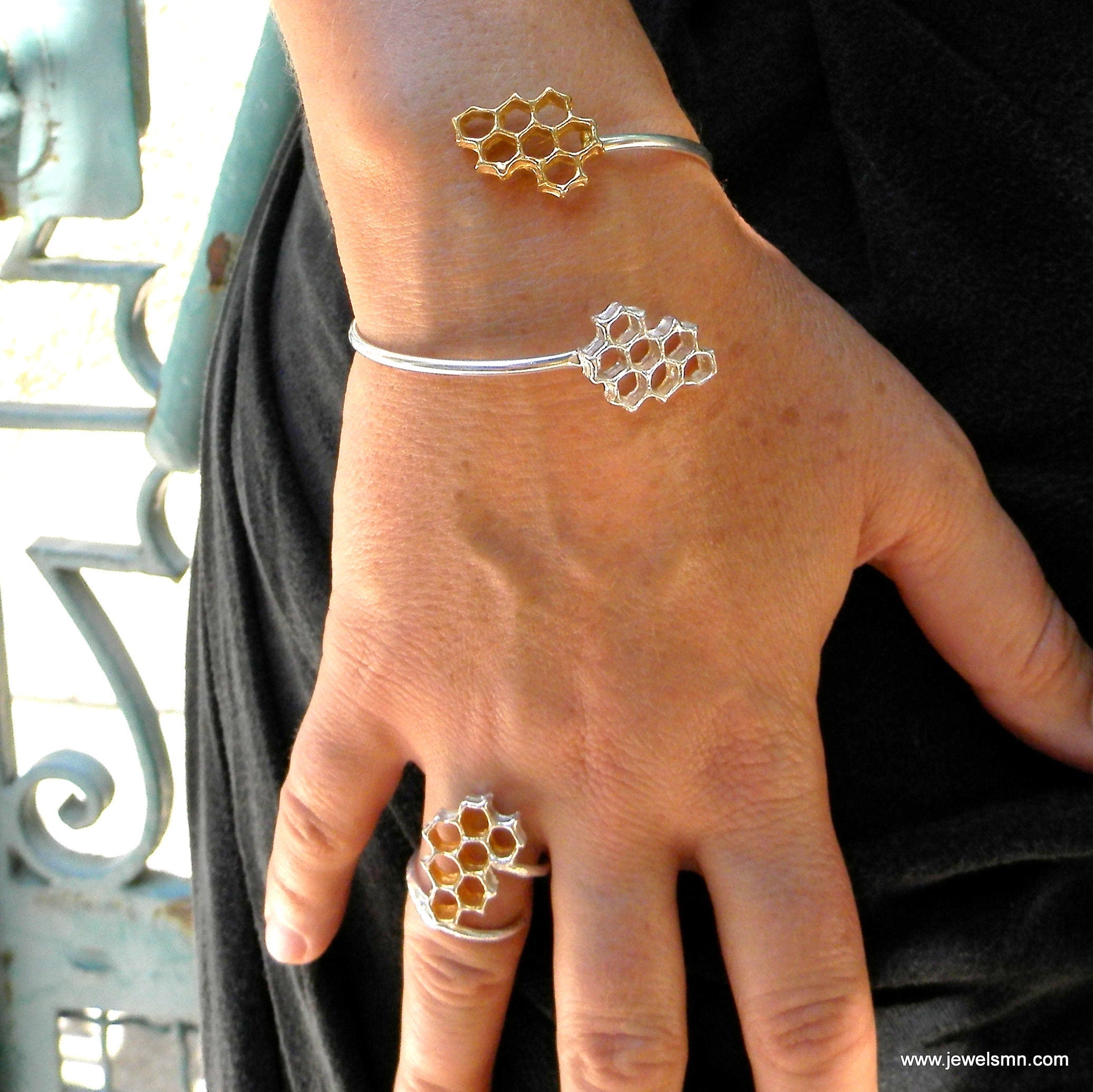 Honeycomb Cuff Bracelet: Electroformed Bee Design - Sterling Silver