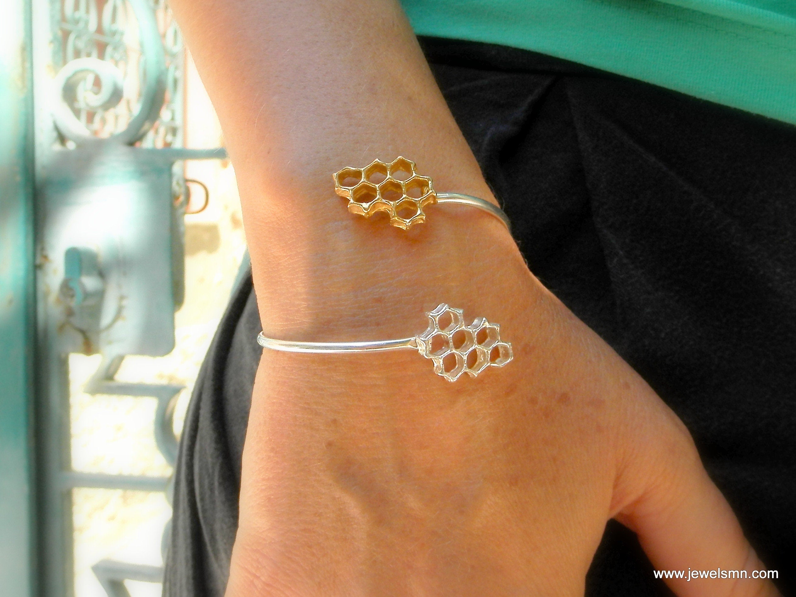 Honeycomb Cuff Bracelet: Electroformed Bee Design - Sterling Silver