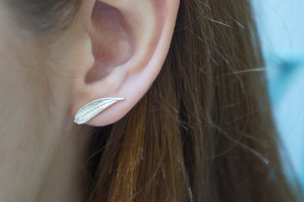 Olive Leaf Stud Earrings - Minimal Sterling Silver Handmade