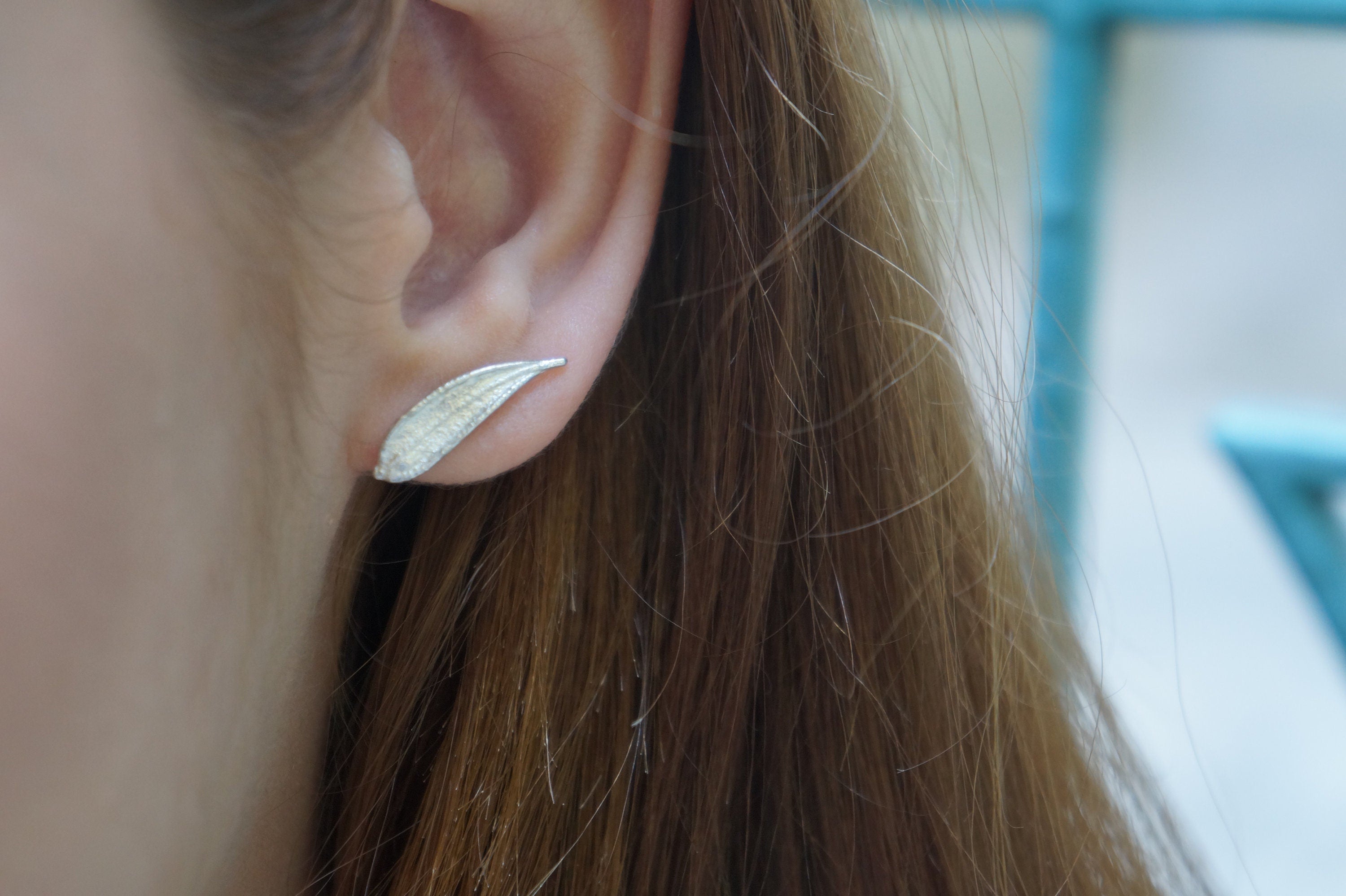 Olive Leaf Stud Earrings - Minimal Sterling Silver Handmade
