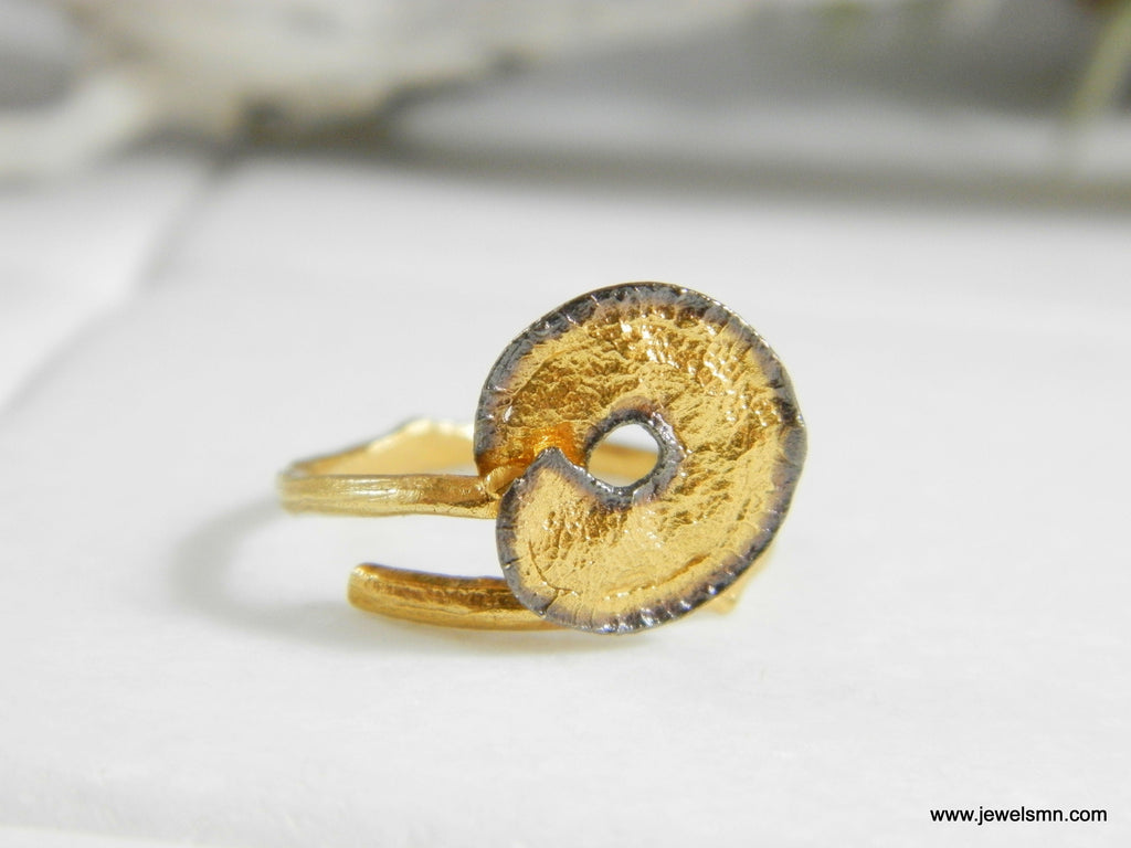 Nature-Inspired Ring: Gold Leaf Spiral and Branch - Recycled Silver
