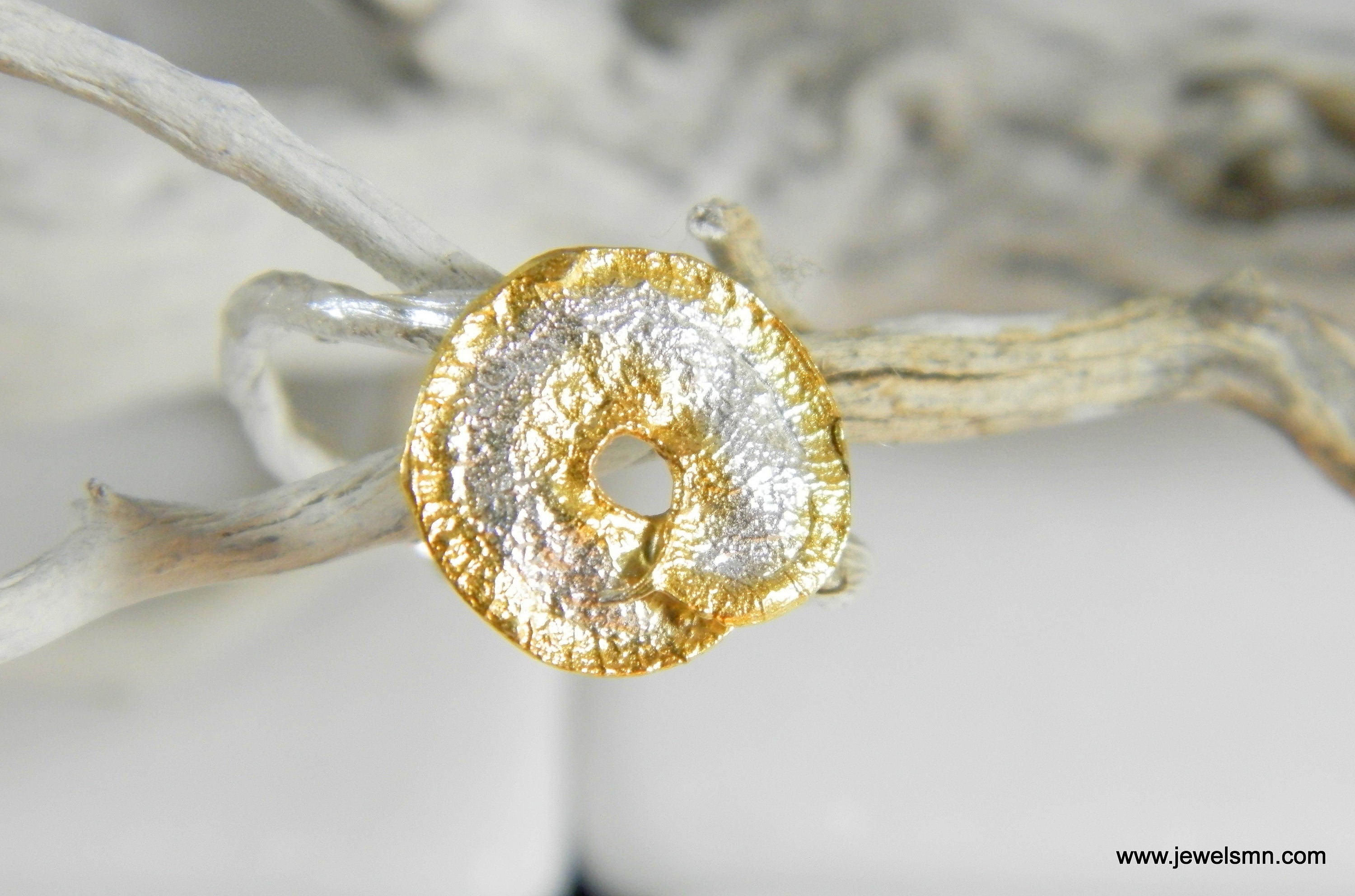 Silver Spiral Leaf Ring - Gold Plated Branch Detail