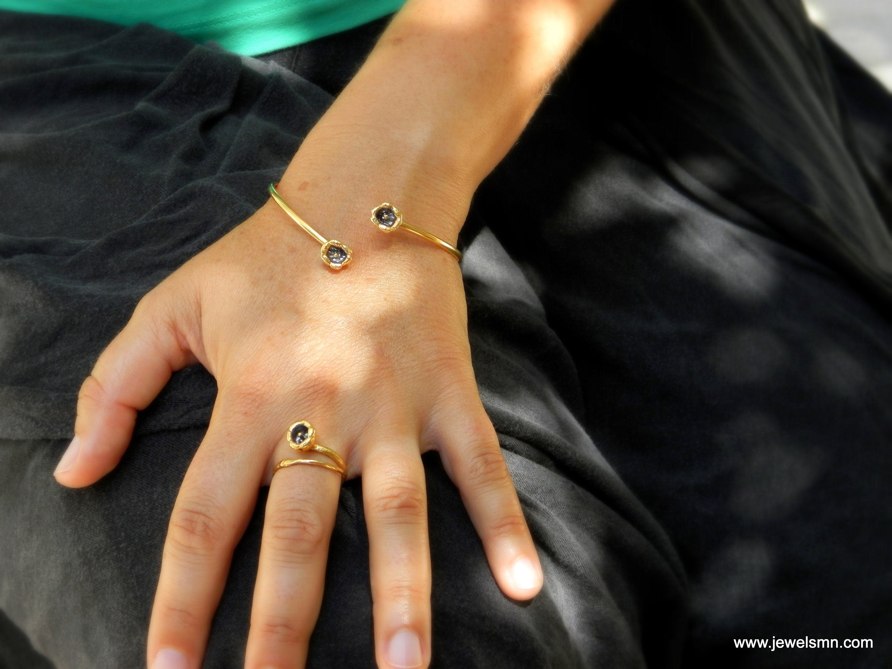 Nature-Inspired Lily Cuff Bracelet, Sterling Silver and Gold (Adjustable Fit)