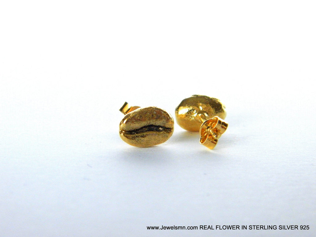 Gold-Plated Coffee Earrings, Gold-Plated Jewelry, Brass Studs, Coffee Bean Charm, Unique Gift Idea