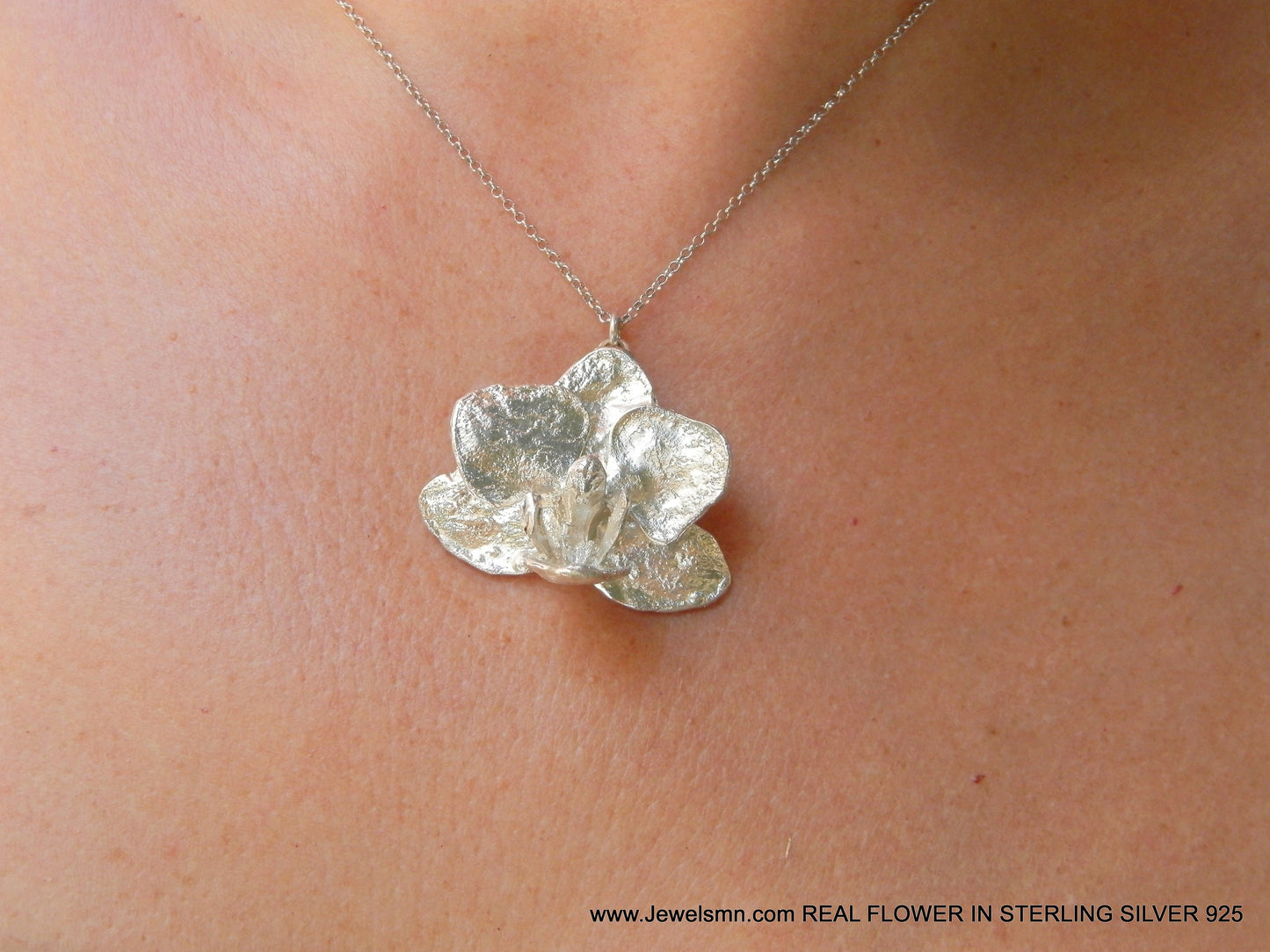 Orchid plant chain Necklace pendant in recycled sterling silver 925.Big Organic Jewelry symbolizes Innocence, Purity, Elegance, Reverence