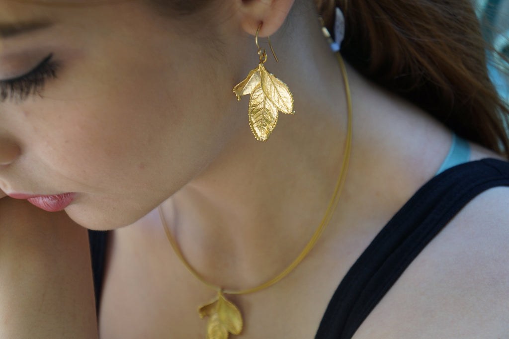 Bridal Jewelry Set – Rose Leaf Necklace, Gold Plated Earrings & Ring Gift Boxed