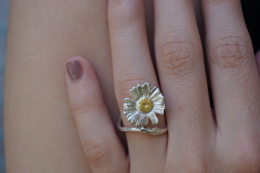 Chamomile Flower Ring, Handmade Sterling Silver Jewelry, Adjustable Band Fit
