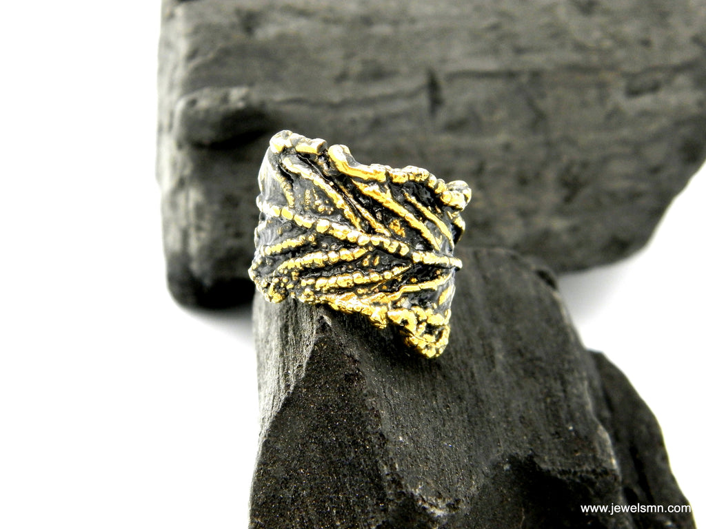 Nature Inspired Leaf Ring, Wide Brass Band (Adjustable, Unisex)