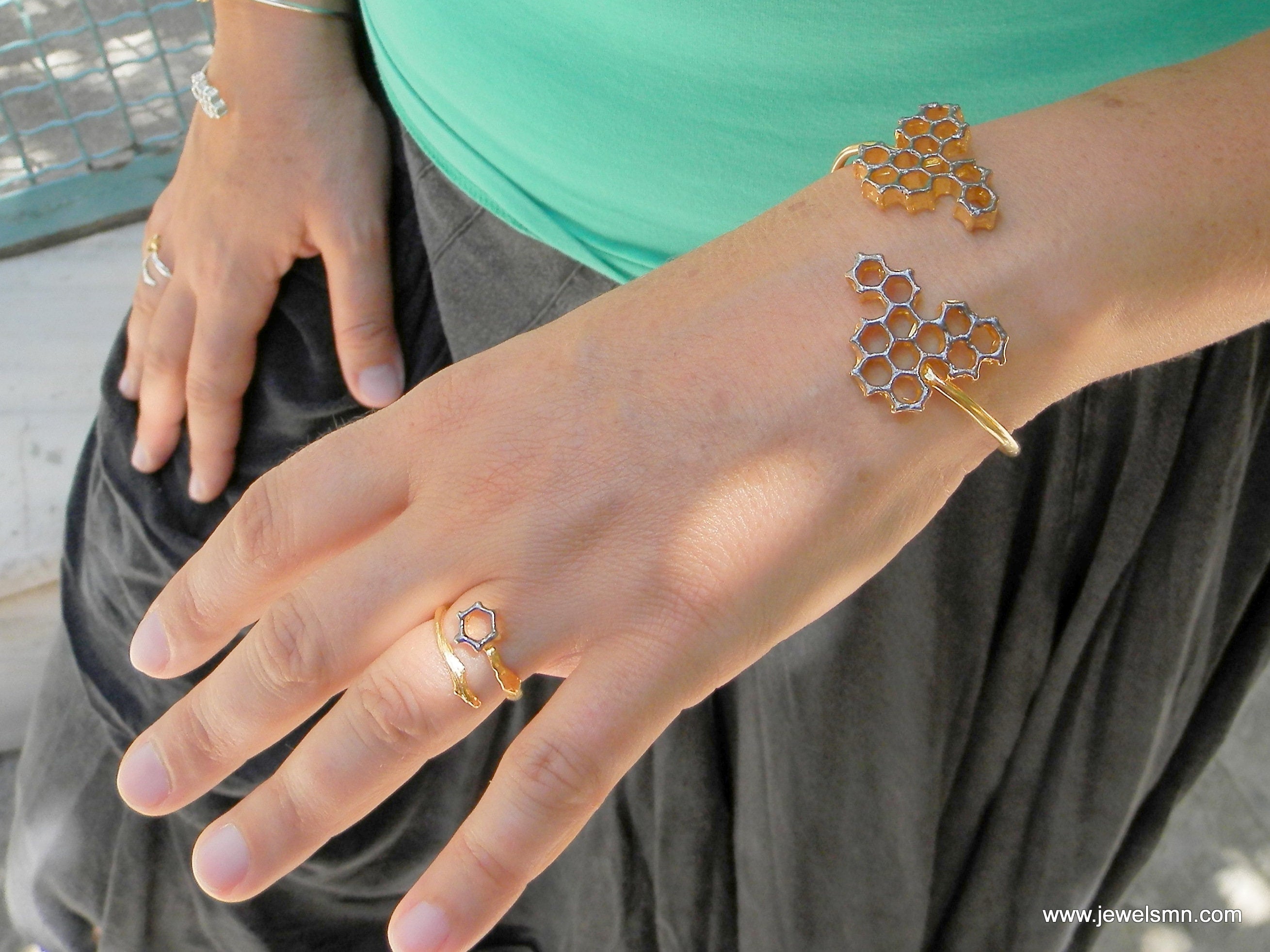 Honeycomb Bee Bracelet: Two-Tone Gold and Black Wide Cuff