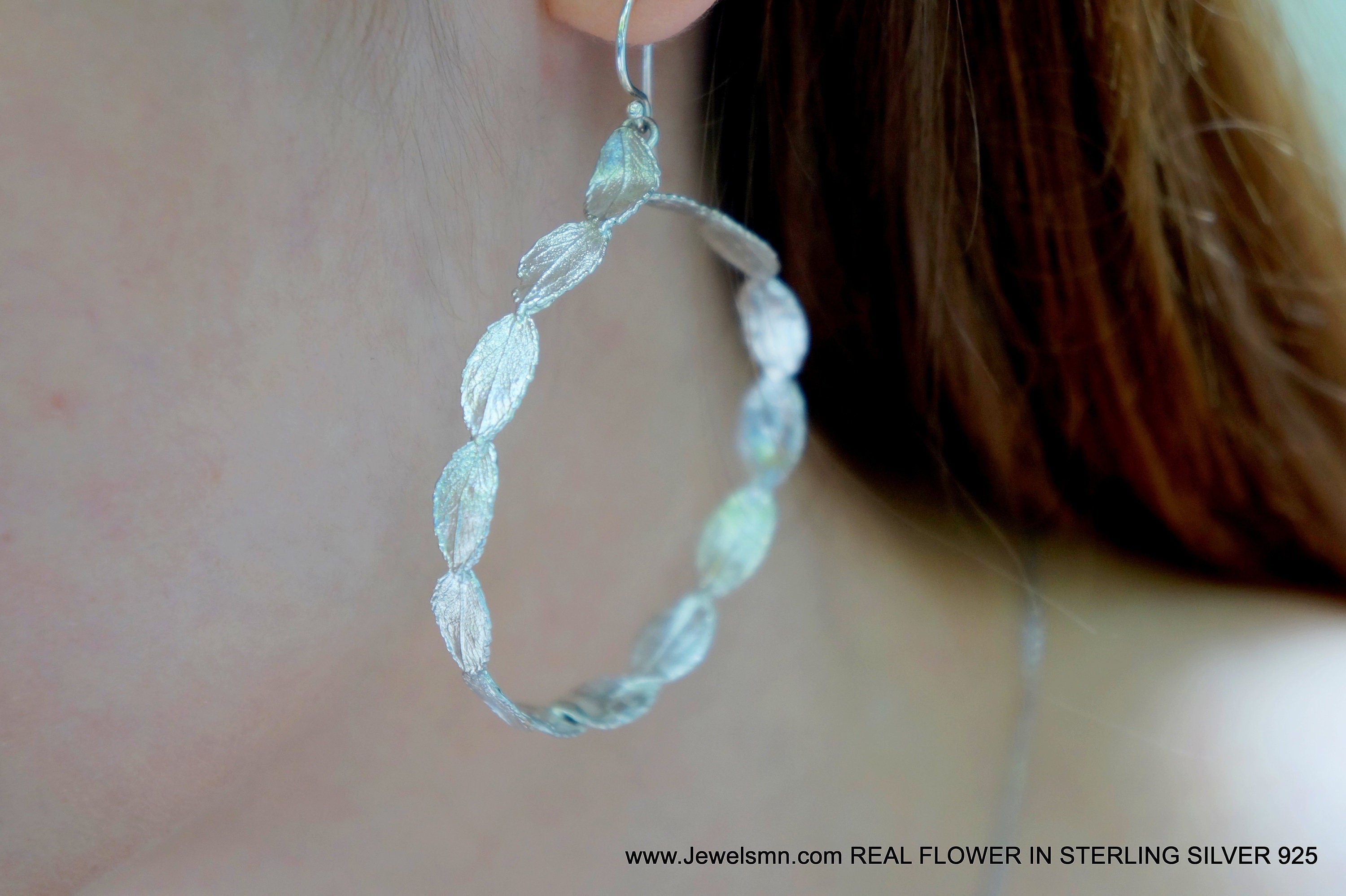 Sterling Silver Leaf Hoop Earrings - Large, Dangle Style