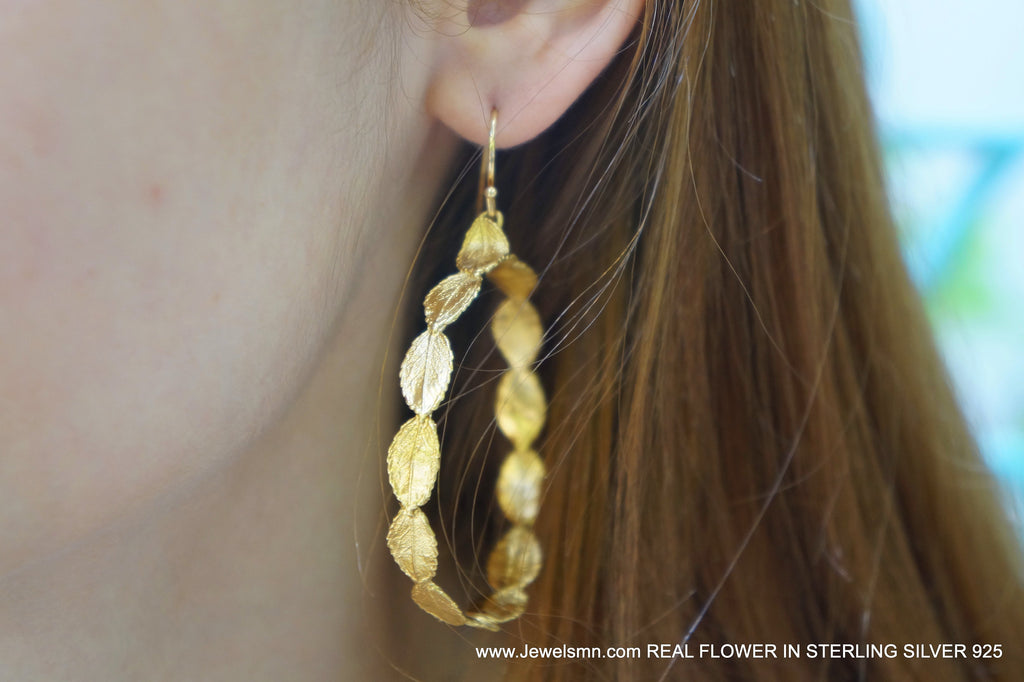 Hoop Earrings: Real Tiny Rose Leaf Detail - 14k Gold Plated Silver