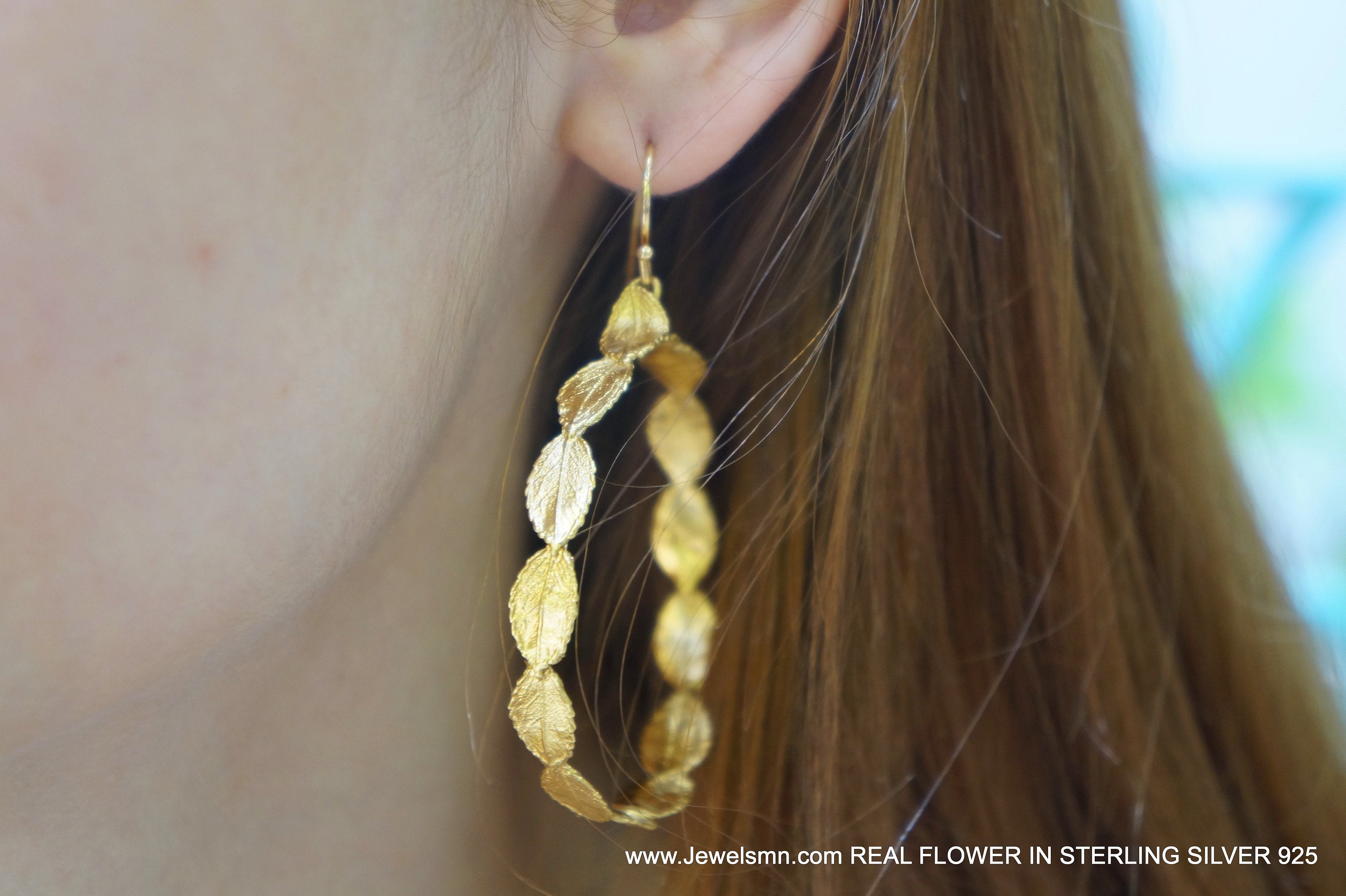 Hoop Earrings: Real Tiny Rose Leaf Detail - 14k Gold Plated Silver