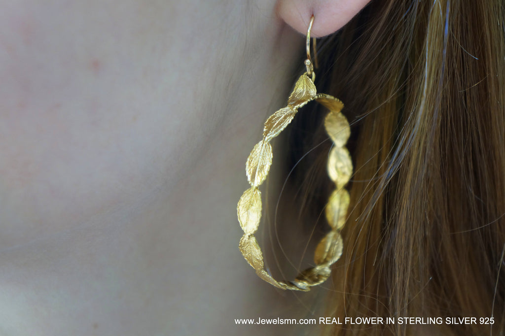 Hoop Earrings: Real Tiny Rose Leaf Detail - 14k Gold Plated Silver