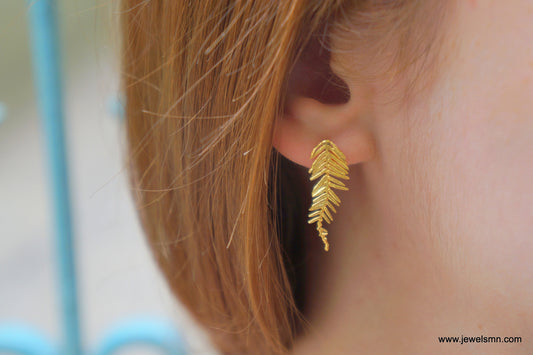 Mimosa Leaf stud earrings.Real Acacia leaves in Sterling Silver 925 or Gold plated . Symbol of renewal, Fortitude and pureness.