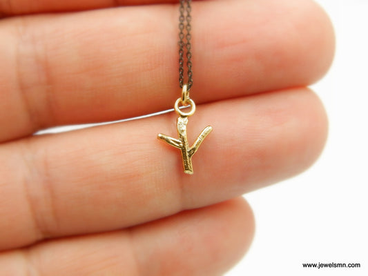 Jasmine plant Cross Necklace Catholic Christian jewelry . Tiny Jasmine twig 14k Gold on Sterling silver.