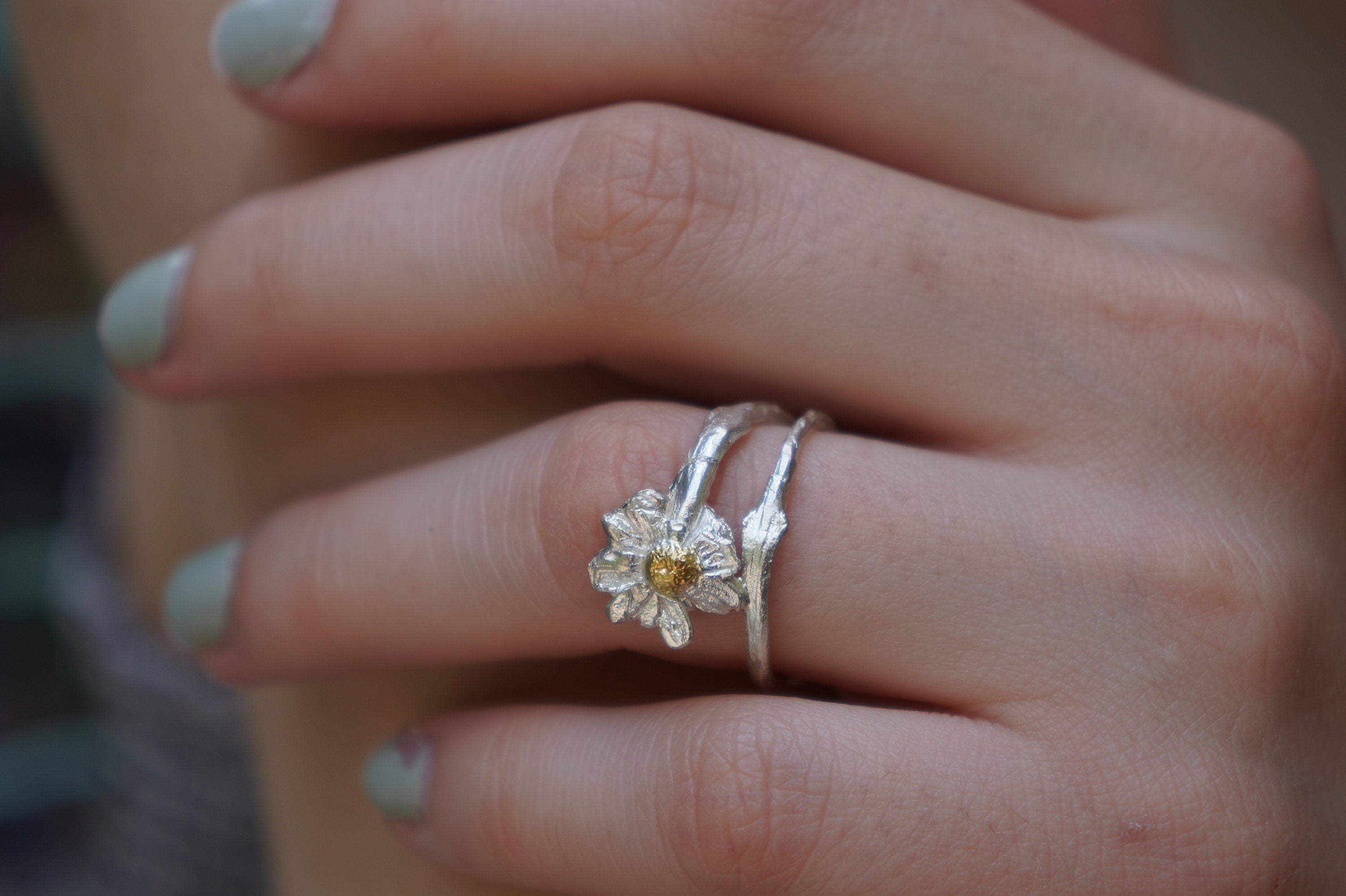Silver Flower Ring, Sterling Silver Chamomile Ring, Branch Ring, Gold Ring Details, Gift for Her, Birthday Gift for Women, Handmade Jewelry