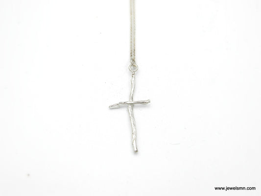 Twig Cross Necklace with Chain in sterling silver 925. Christian Cross Pendant from Olive tree branches.