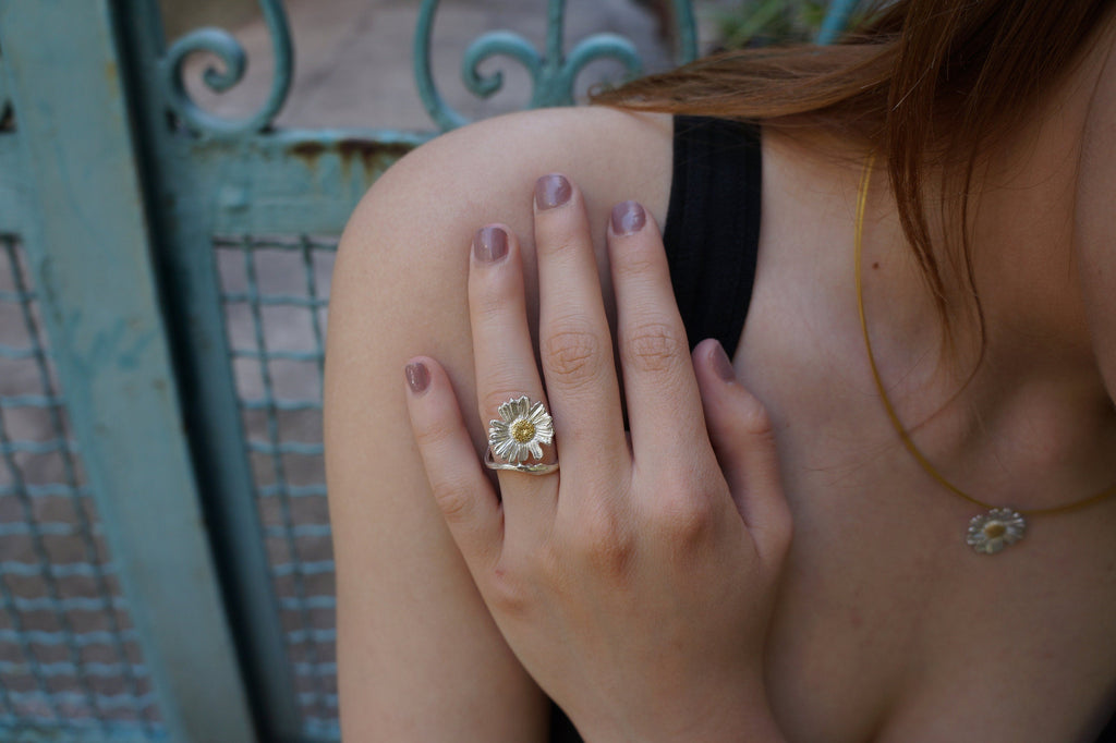 Chamomile Flower Ring, Handmade Sterling Silver Jewelry, Adjustable Band Fit