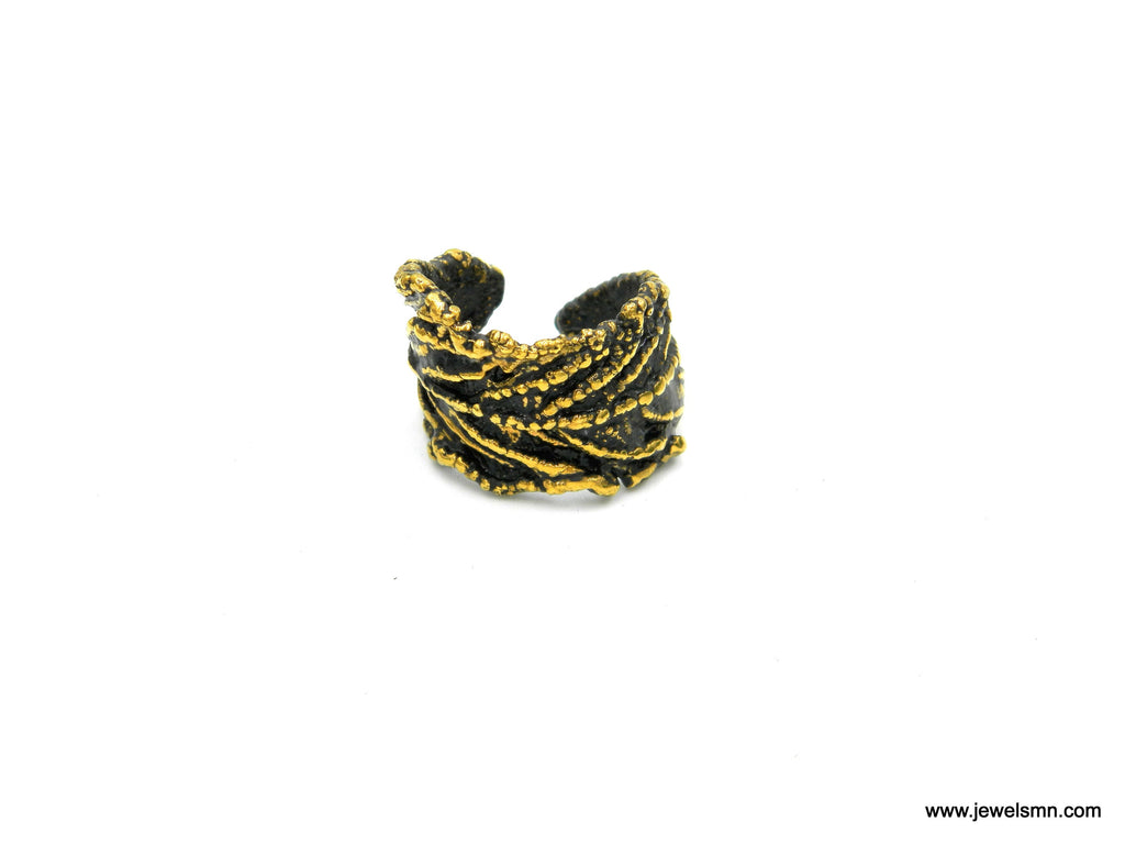 Nature Inspired Leaf Ring, Wide Brass Band (Adjustable, Unisex)