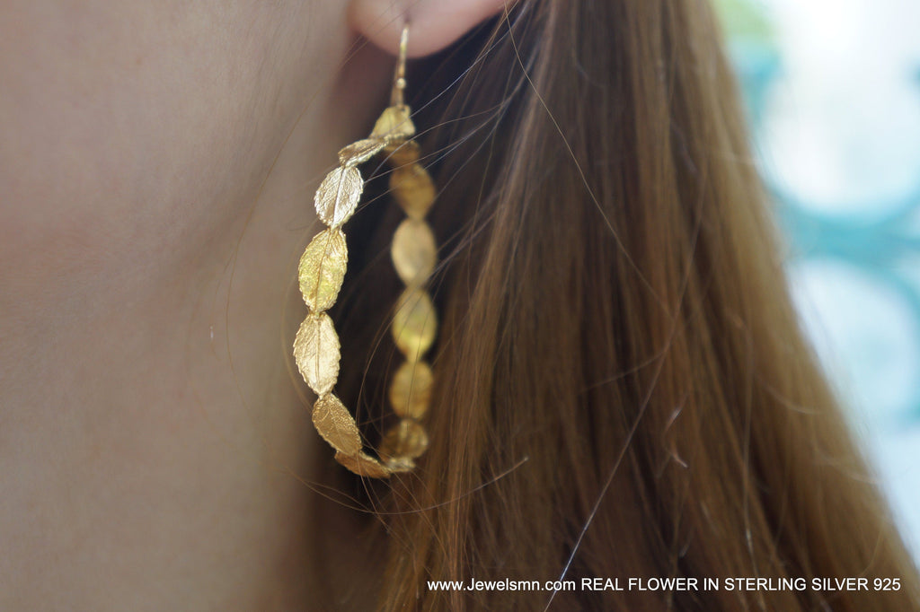 Hoop Earrings: Real Tiny Rose Leaf Detail - 14k Gold Plated Silver