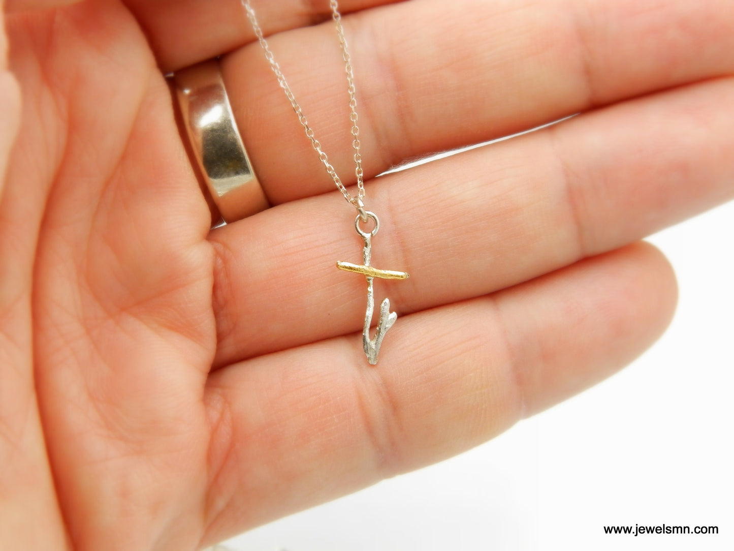 Small twig Cross necklace with Chain in Silver & Gold. Sterling Silver 925 Cross Pendant by Real Jasmine plant Branch. Unisex Faith gift
