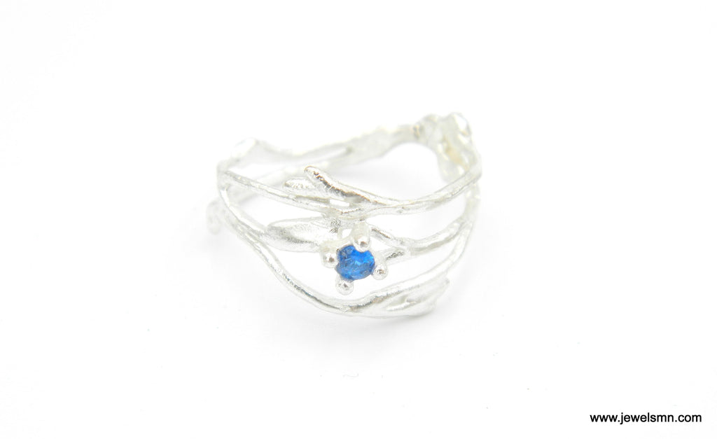 Sterling Silver Twig Ring – Jasmine Branch With Zircon Gemstone | Handmade Nature Jewelry