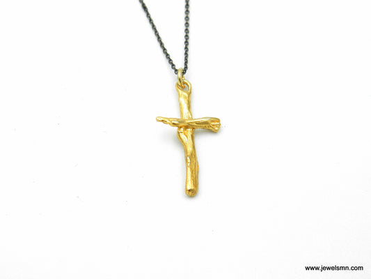 Gold Twig Cross Chain Necklace. Real Olive branch Cross Goldplated on Sterling Silver 925. Olive is symbol of peace, protection & fertility