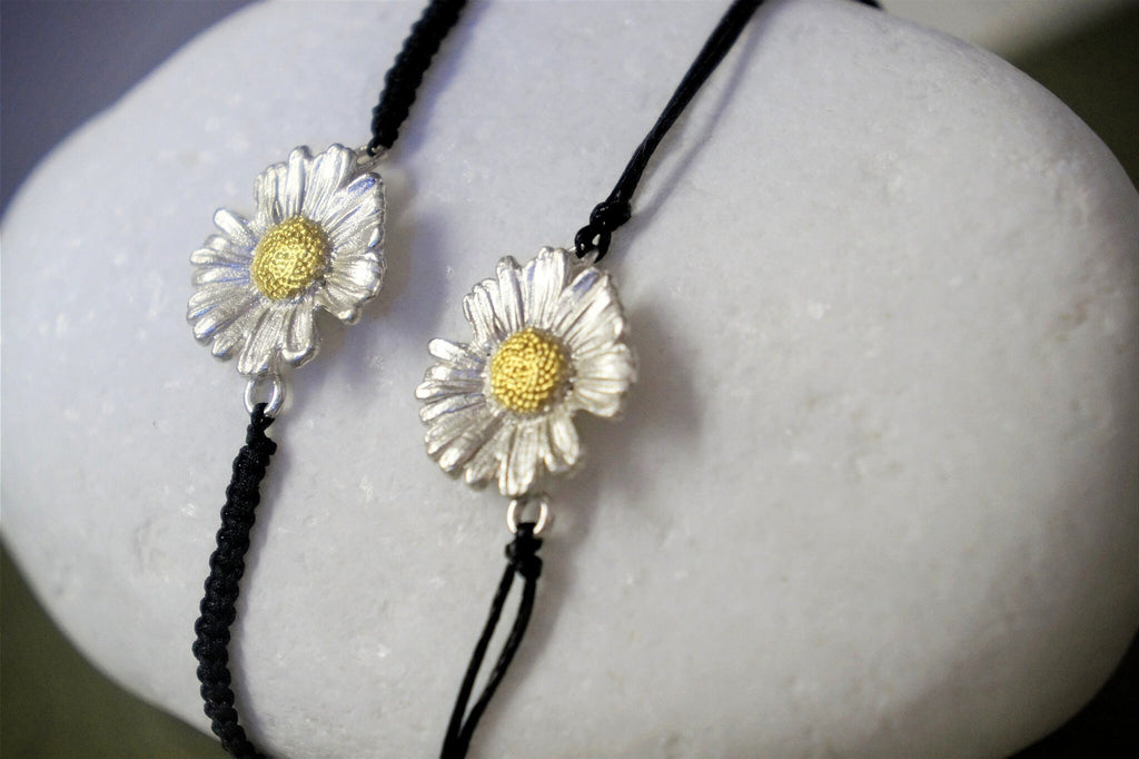 Sterling Silver Bracelet - Handmade Daisy Charm Flower Macrame Bracelet with Sliding Knot