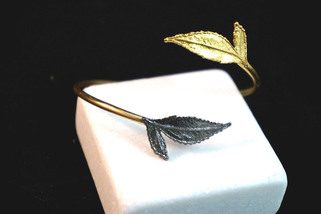 Gold Plated Bracelet - Adjustable Leaf Cuff Sterling Silver With Black Rhodium